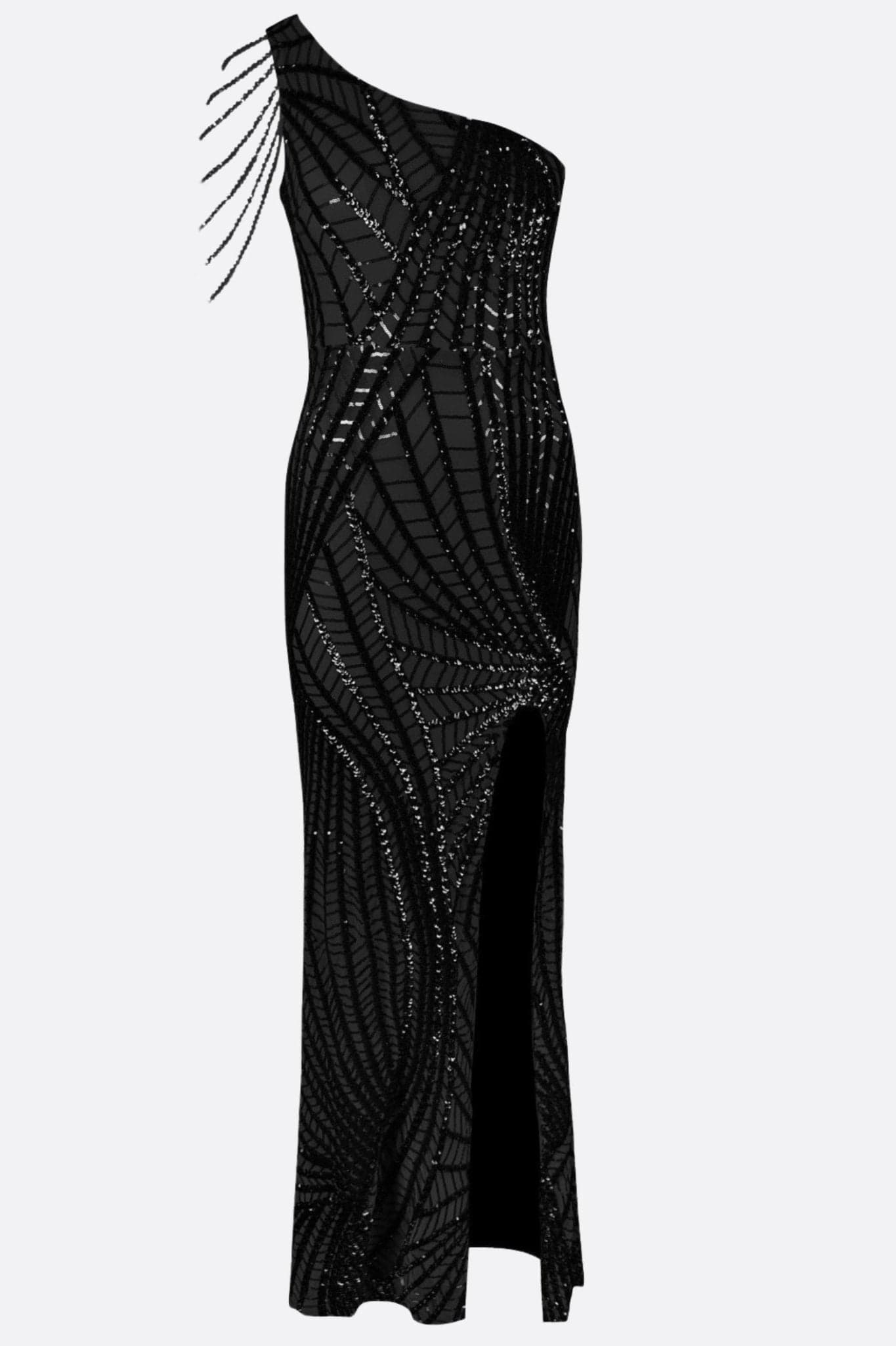 Schwarzes asymmetrisches Kleid aus fließendem Stoff, akzentuiert durch einen anspruchsvollen Schlitz und leuchtende Perlen, perfekt für...