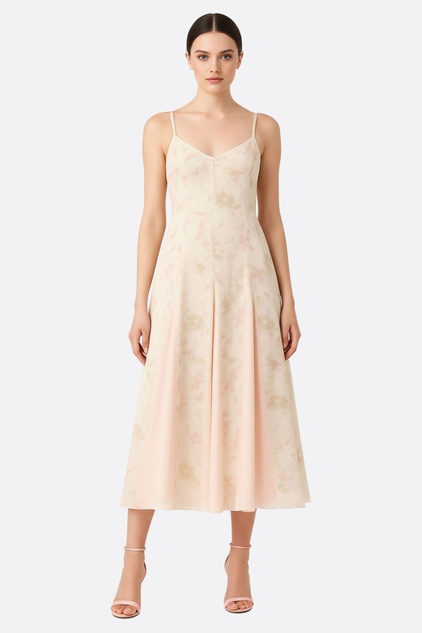 Langes Kleid aus leichter Chiffonseide mit feinen Trägern, verziert mit pastellfarbenem Blumenmuster, ideal für Sommerabende