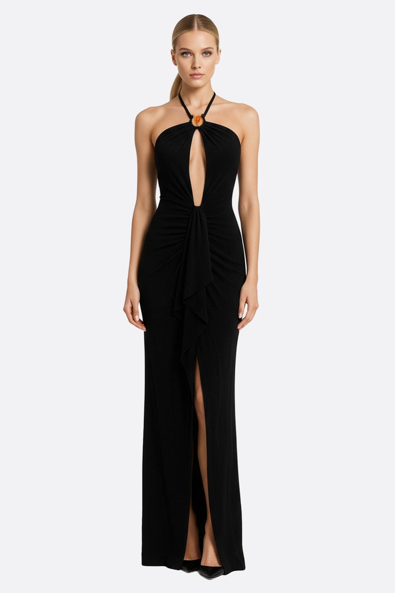 Elegant black long draped dress with open back, perfect for a chic and refined evening