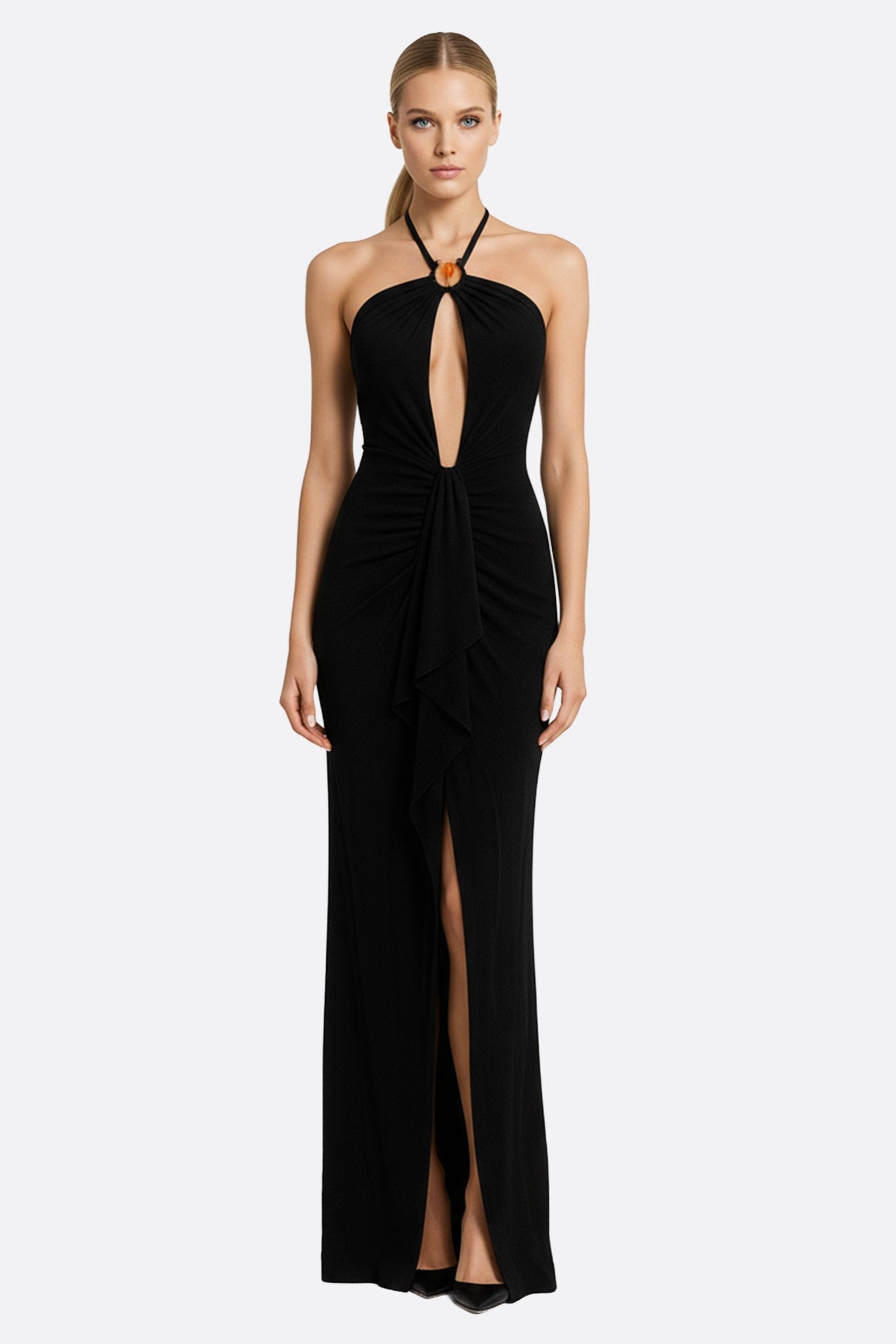 Elegant black long draped dress with open back, perfect for a chic and refined evening