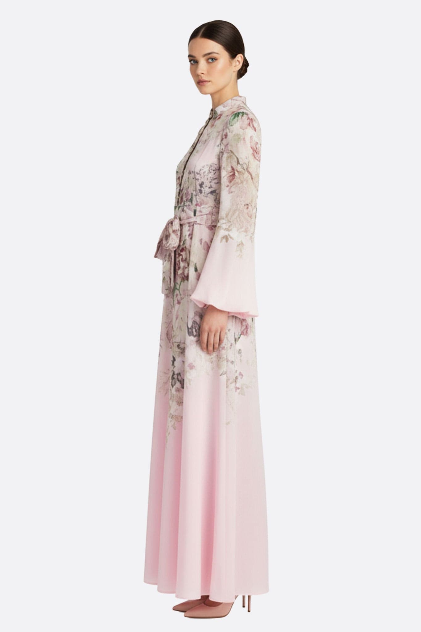 Langes rosa Kleid mit Blumen verziert, alternative Ansicht, die Schmuckknöpfe zeigt, ideal für ein schickes Event und...