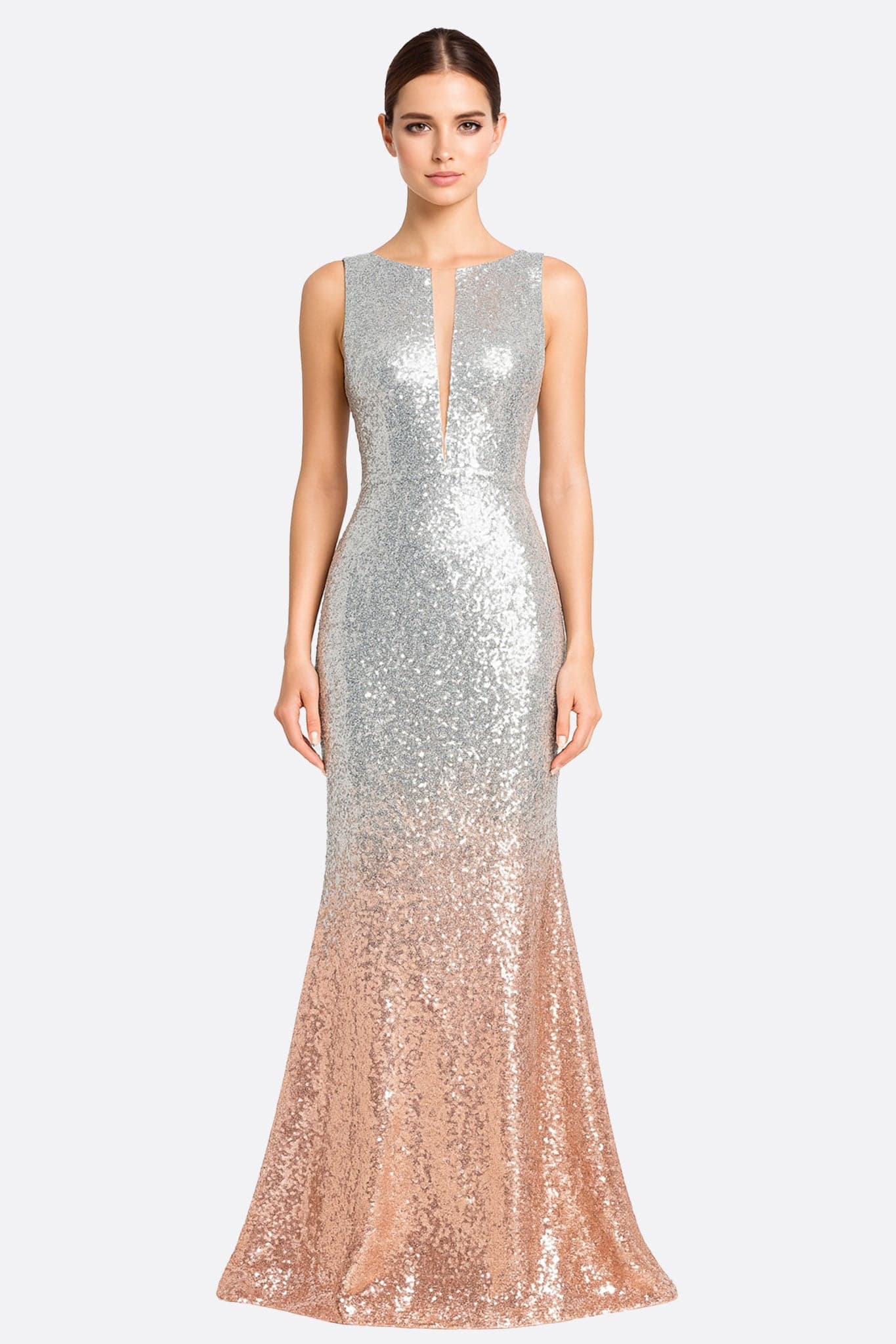 Long mermaid gown in transparent tulle adorned with gold sequins, perfect for elegant refined evenings.