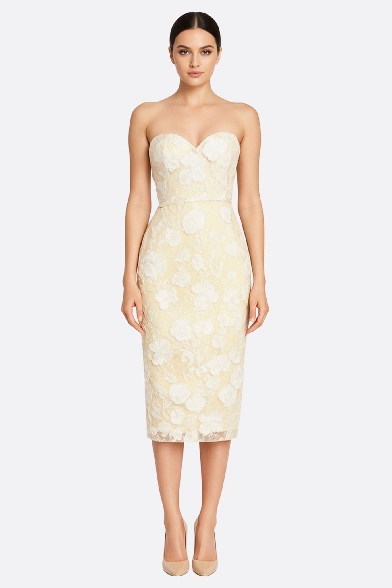 Abito midi bustier in tulle trasparente con delicati motivi floreali, elegante e raffinato per occasioni speciali.