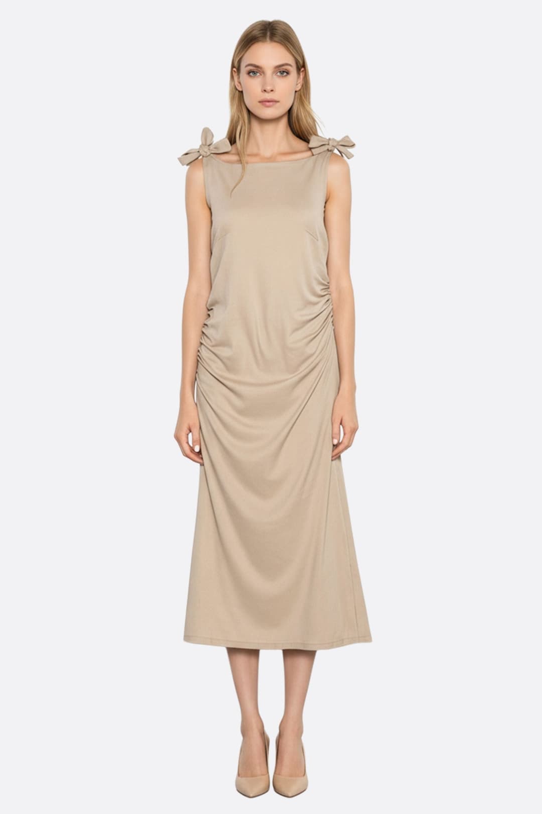 Beige linen midi dress tied at the shoulders