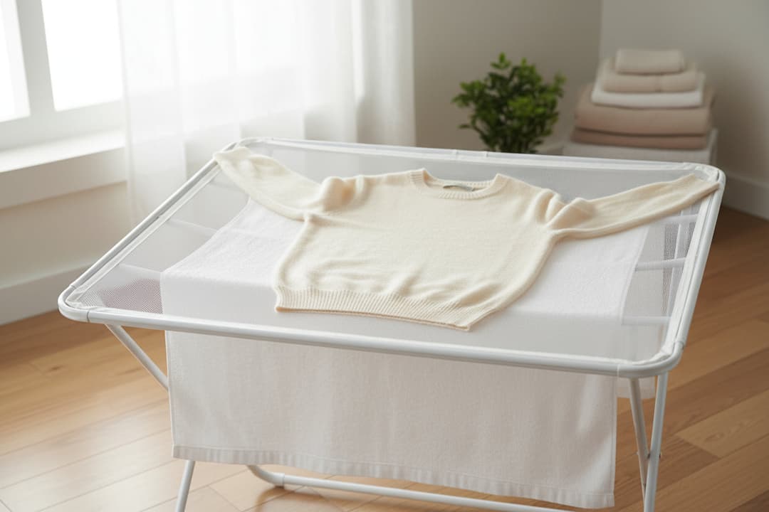Séchage à plat d’un pull en cachemire sur serviette pour éviter la déformation