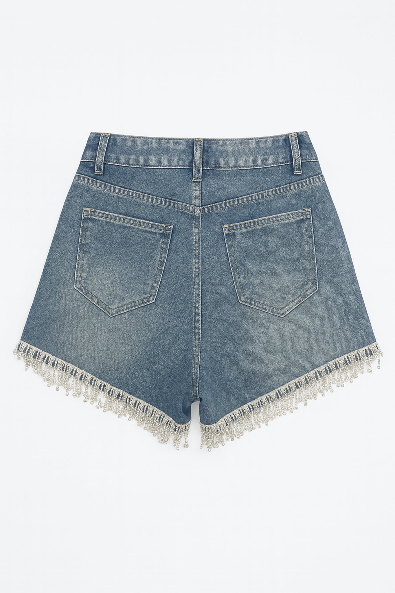 Jeans shorts adorned with silver rhinestones, three-quarter view highlighting the sparkling details, ideal for a refined style