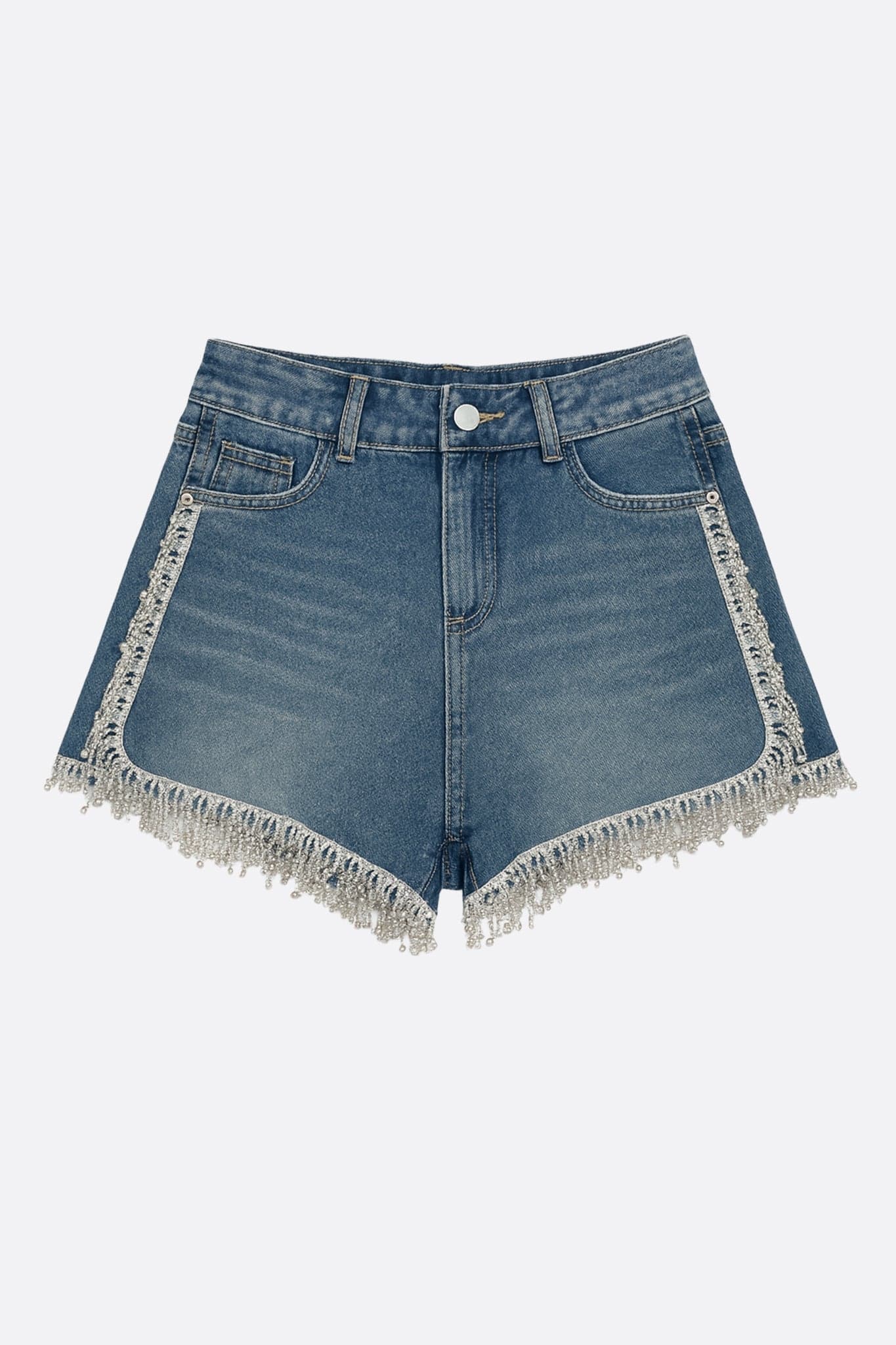 Short en denim bleu décoré de strass scintillants, parfait pour une sortie élégante ou décontractée.
