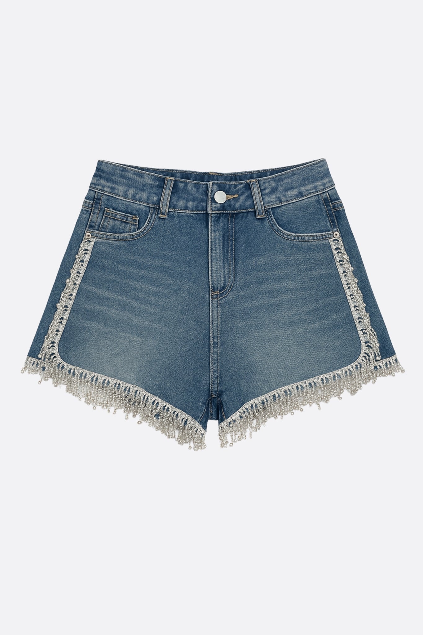 Blue denim shorts adorned with sparkling rhinestones, perfect for an elegant or casual outing