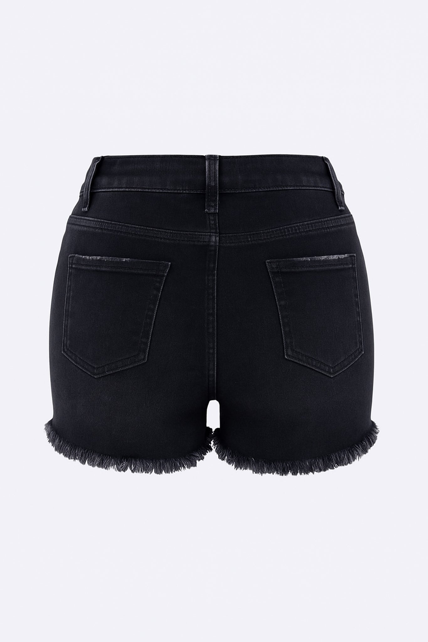 Seitenansicht der schwarzen verwaschenen Shorts, ausgefranster Stil, Elasthan, ideal für lässige und stylische Ausflüge.