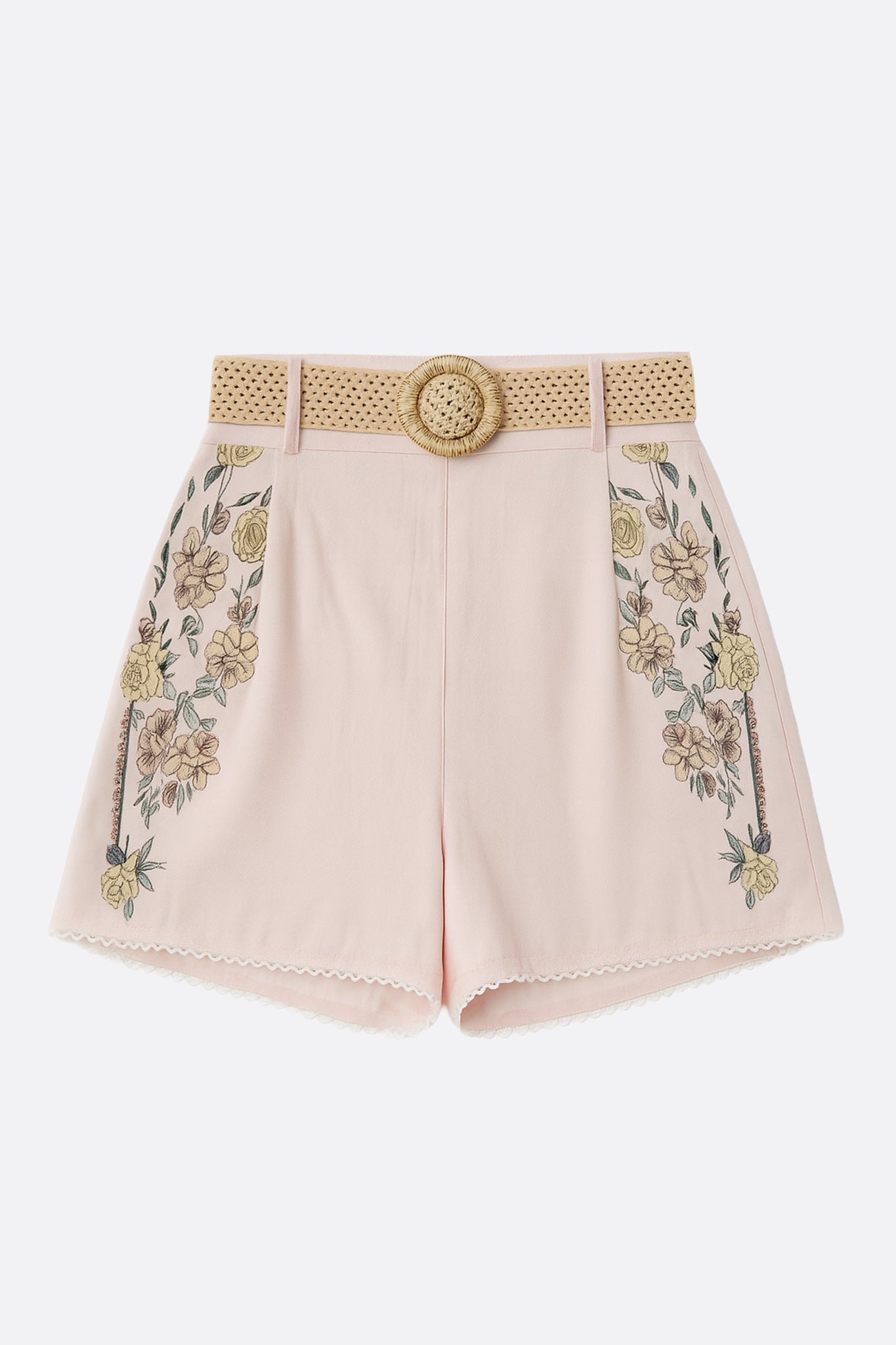 Pale pink high-waisted shorts with floral print, crafted from lightweight fabric, ideal for elegant summer occasions.