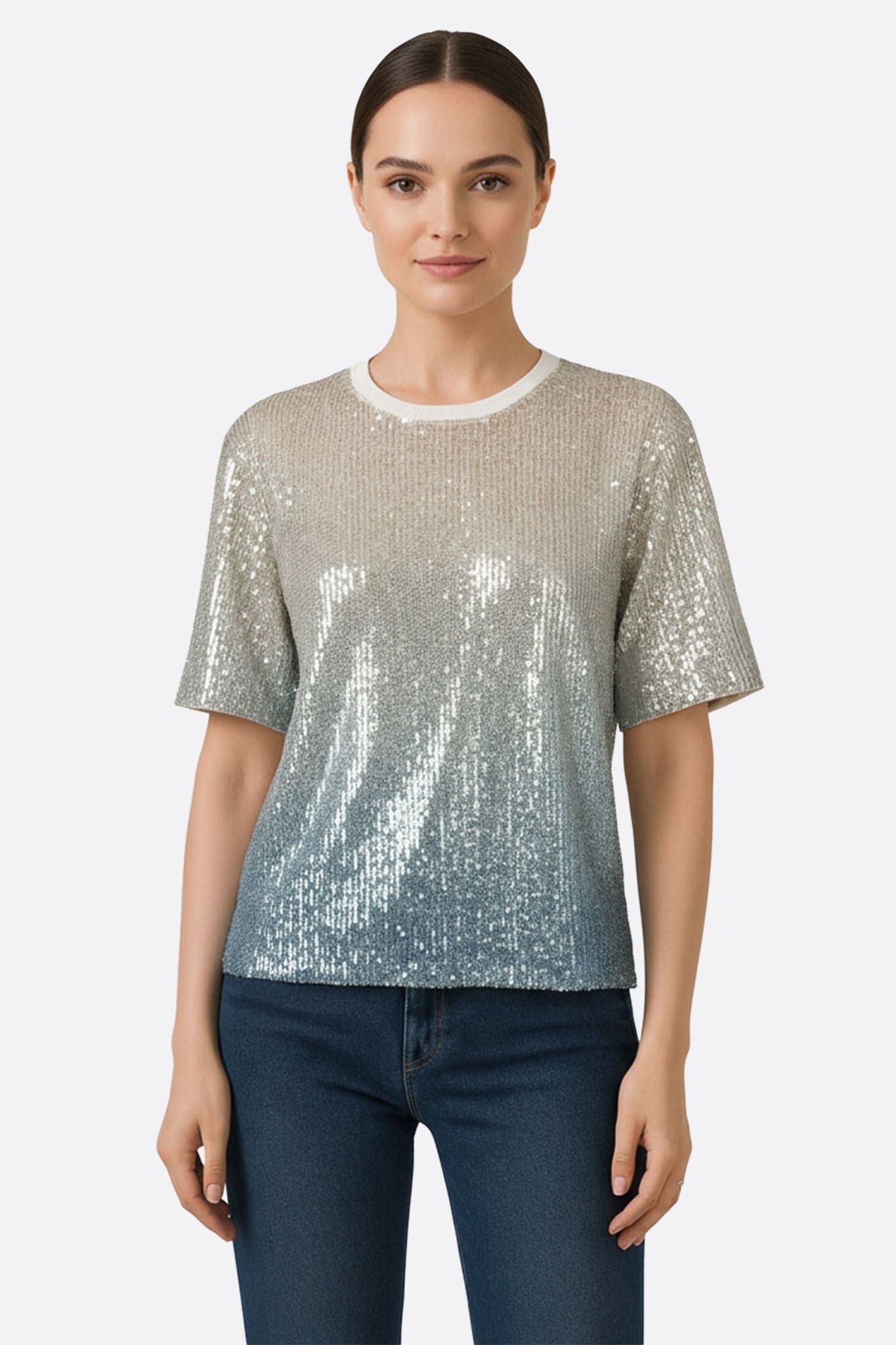 Shimmering beige and blue sequined top, perfect for a chic evening or elegant event.