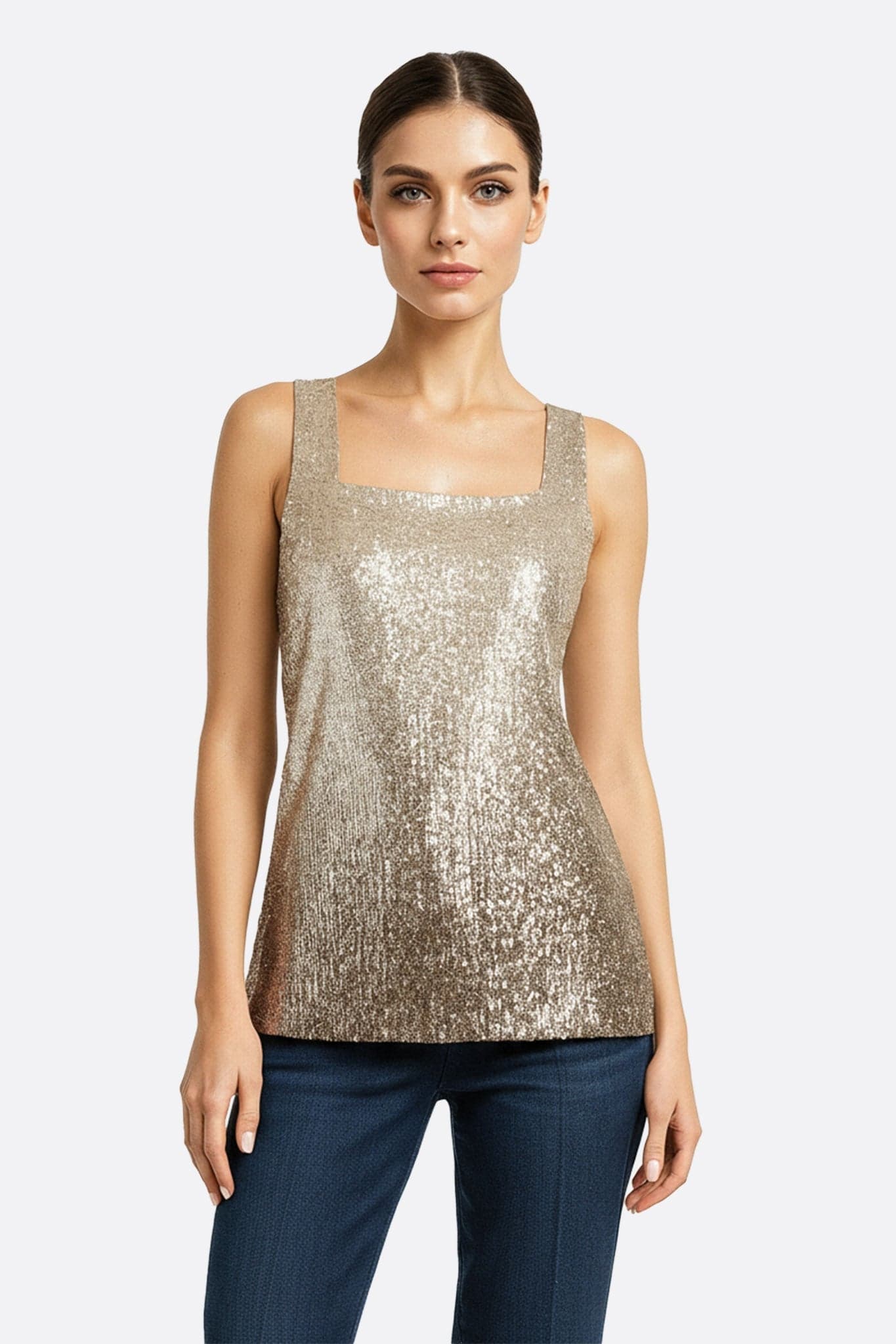 Chic beige and bronze gradient sequin top, perfect for elegant evenings or stylish daily wear.
