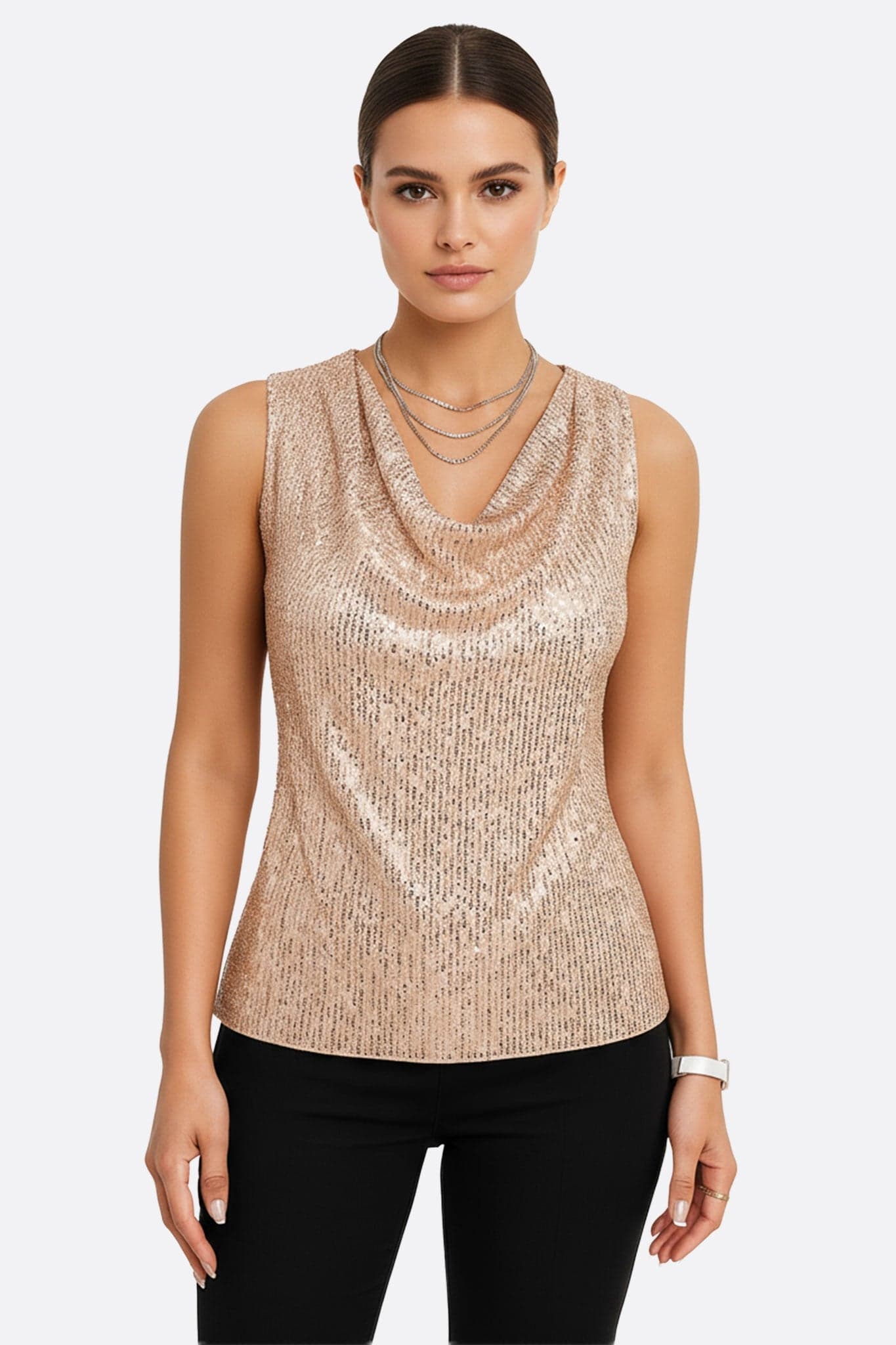 Top champagne à sequins, sans manches, parfait pour une soirée chic ou une occasion spéciale, style élégant et raffiné.