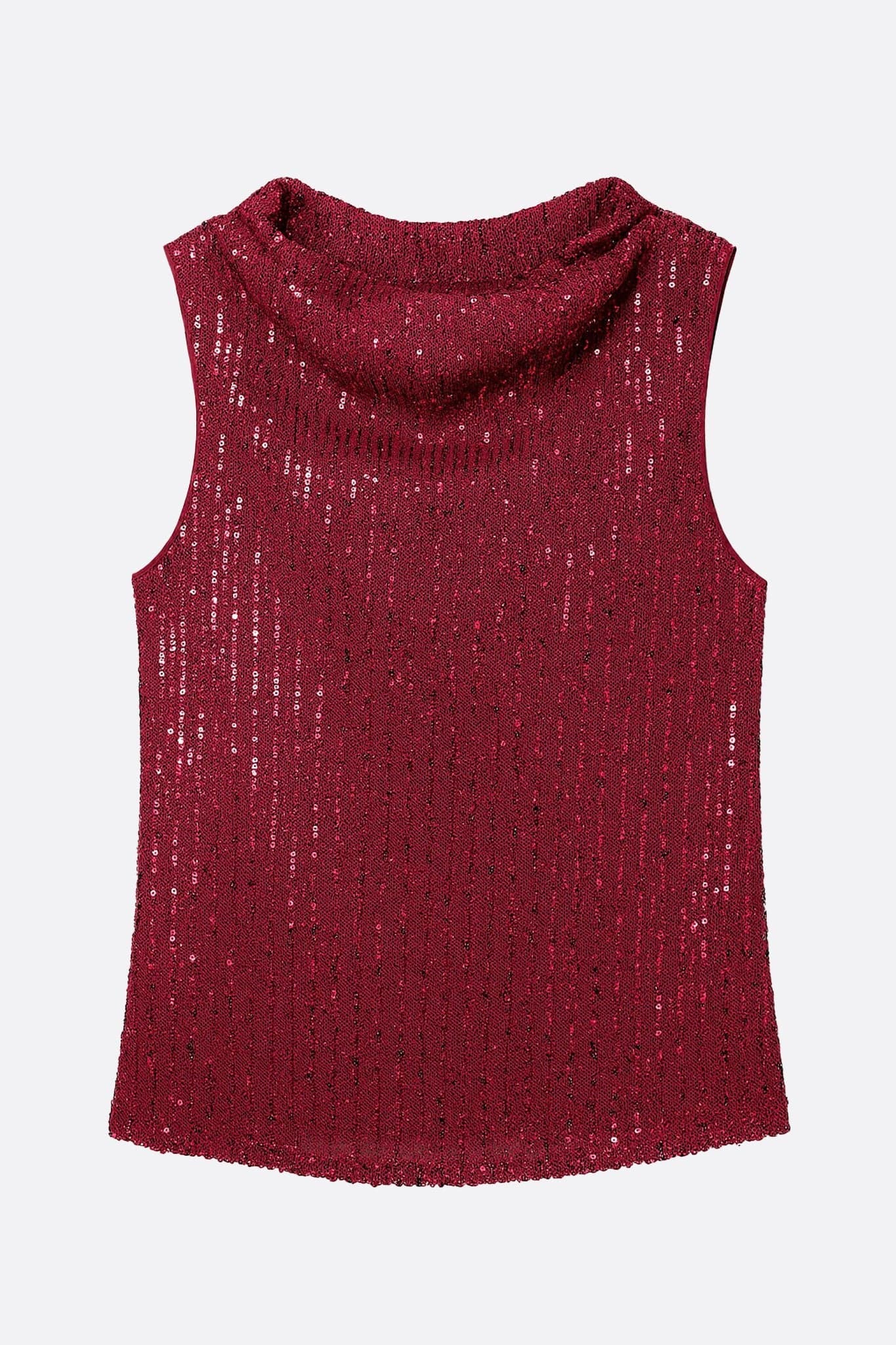 Détail du dos du top bordeaux sans manches orné de sequins, soulignant son allure moderne et festive pour des occasions...