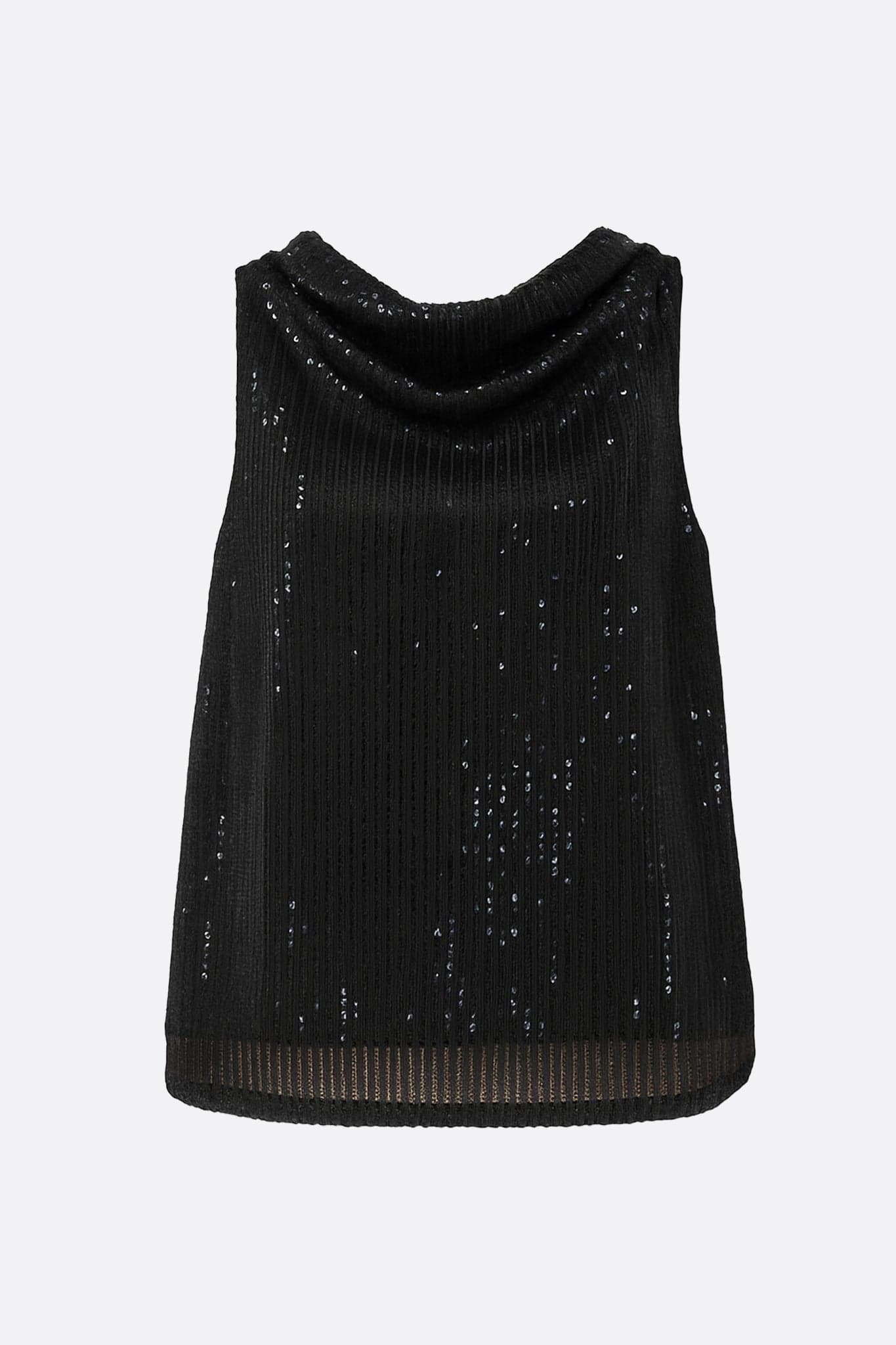 Elegant detail of a black sequined top, emphasizing the refined texture and luminous aspect for your glamorous evenings