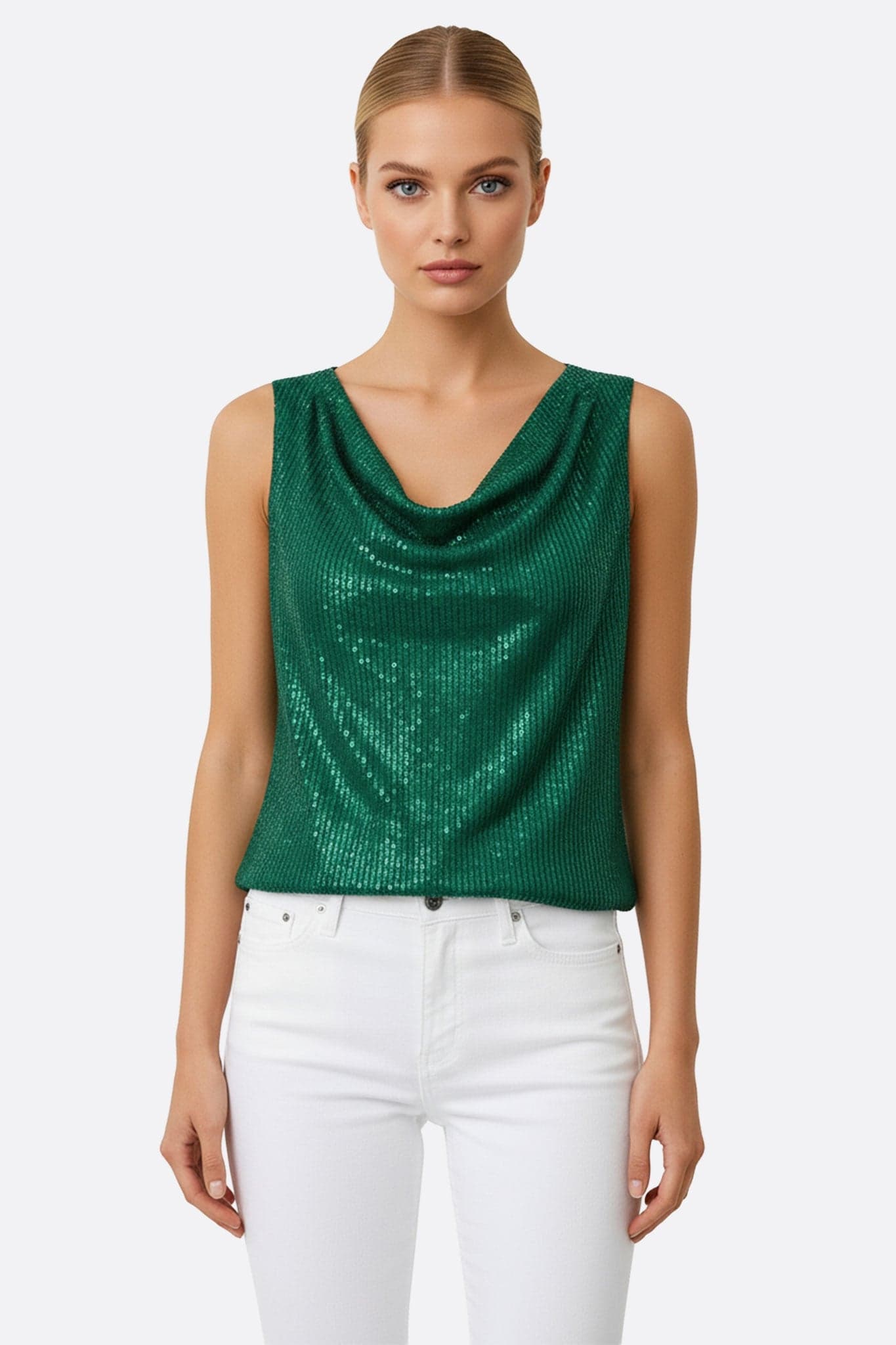 Sleeveless green sequin top, chic and elegant, ideal for a refined evening or special occasion