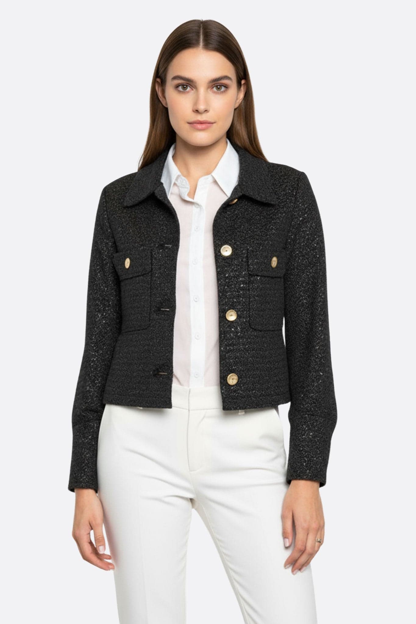Chic black tweed short jacket adorned with elegant sequins, an exquisite addition for enhancing your evening or party attire.