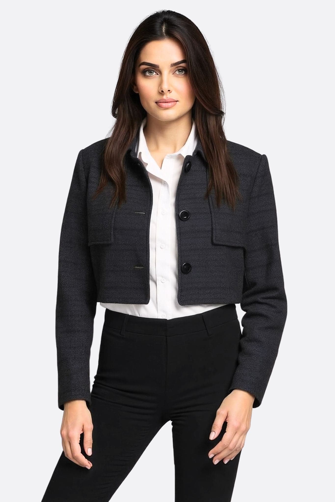Black cropped tweed jacket with satin lining for a chic and elegant evening look.