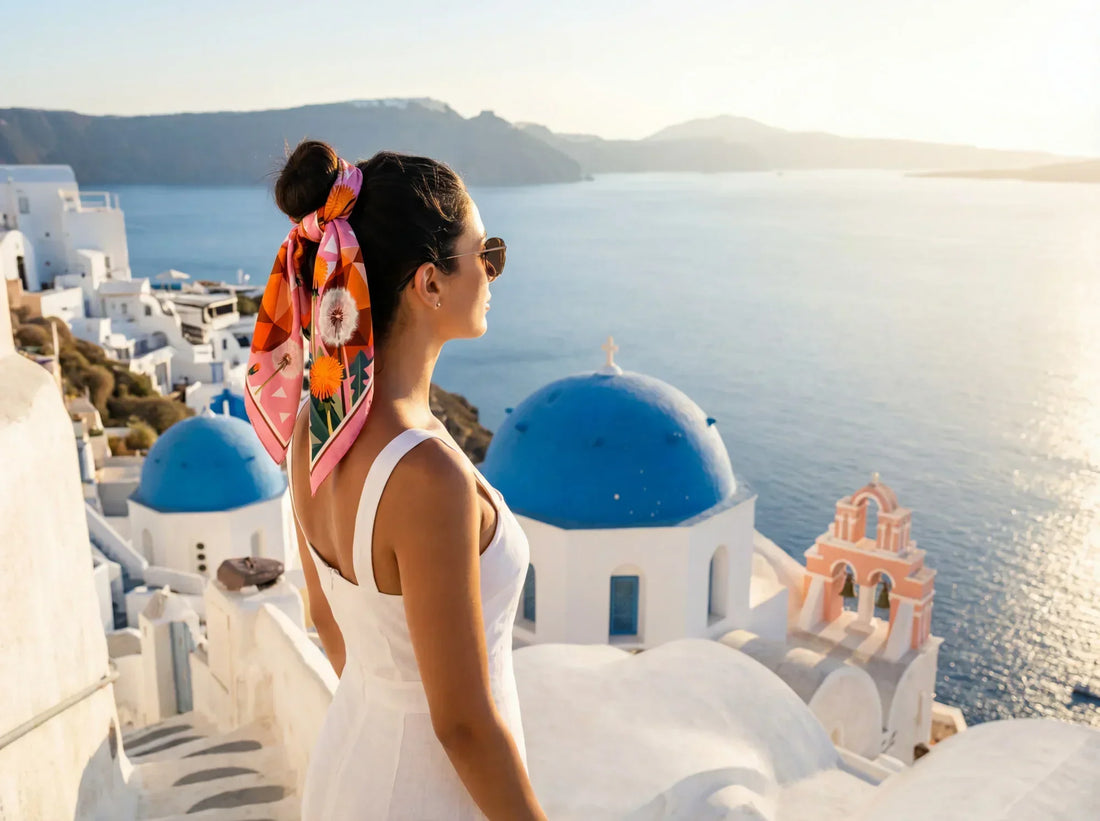 Carré de soie Misciano délicat noué dans les cheveux pour une allure élégante, façon Misciano et maintien parfait tout au long de la journée