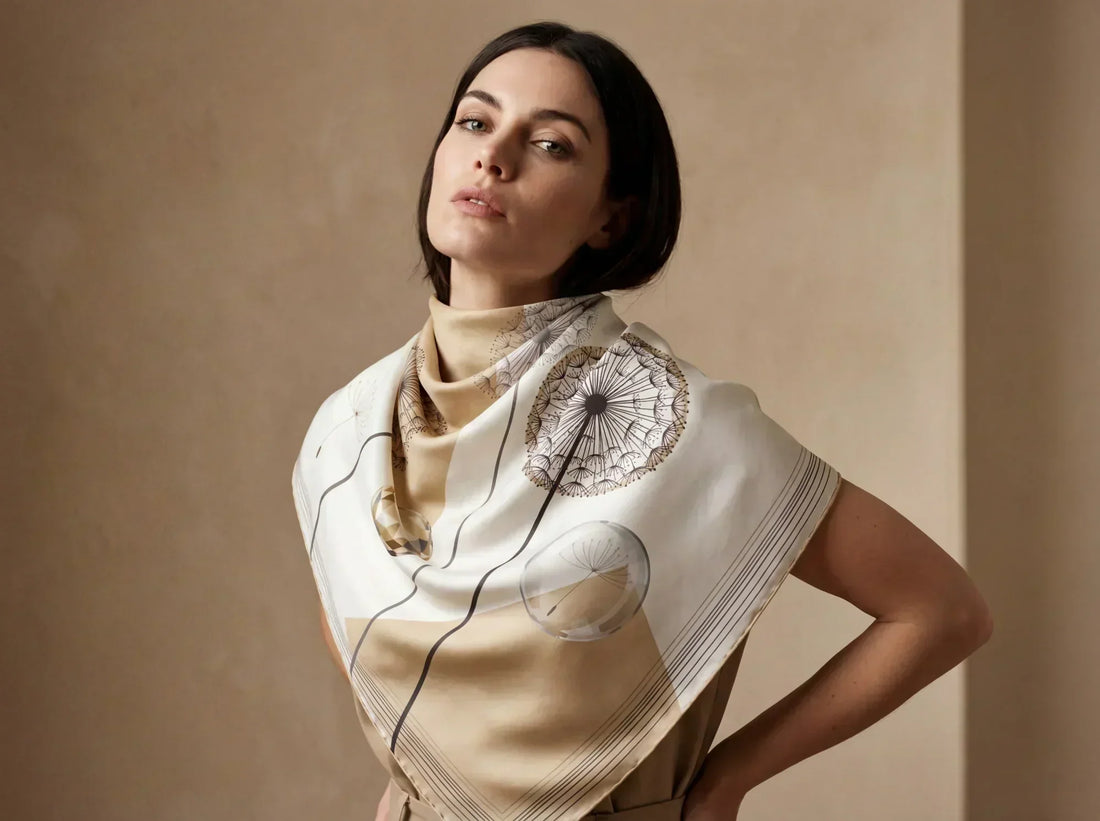 Carré de soie Misciano délicat aux motifs raffinés porté en foulard élégant, vision Misciano de lélégance intemporelle et du tombé naturel