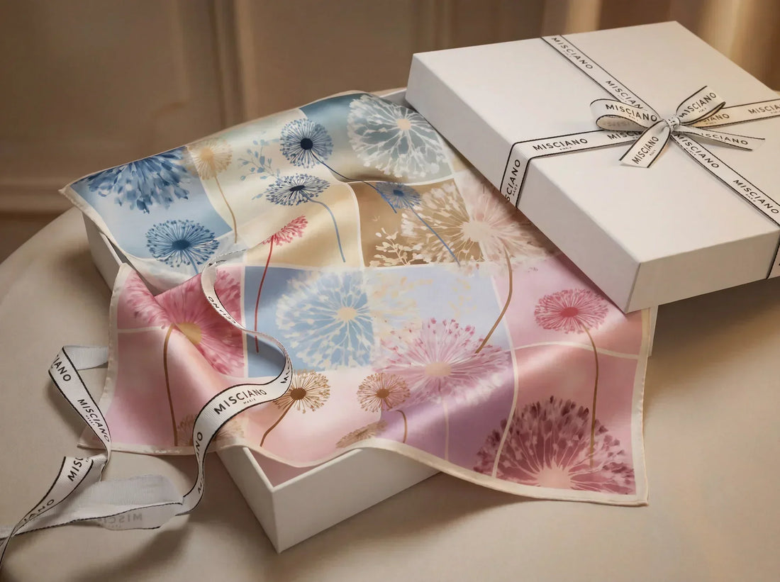 Carré de soie Misciano délicat aux couleurs variées pour un cadeau raffiné.
