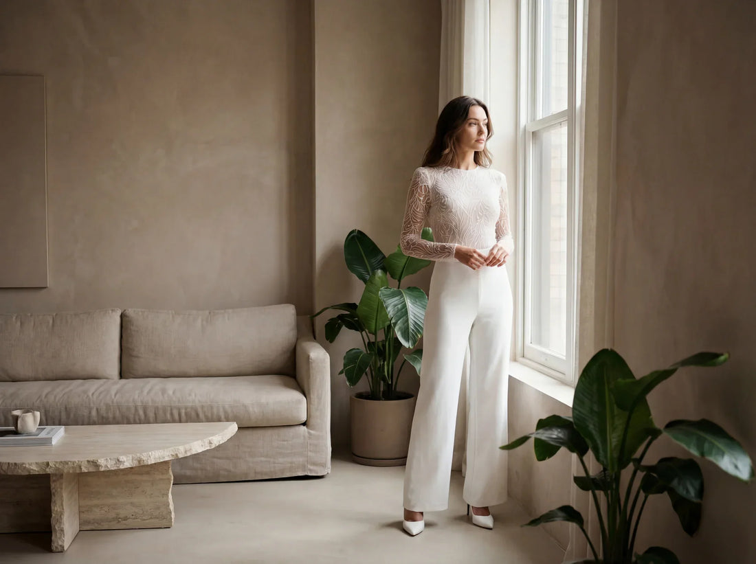 Combinaison femme blanche en dentelle, manches bouffantes et silhouette raffinée.