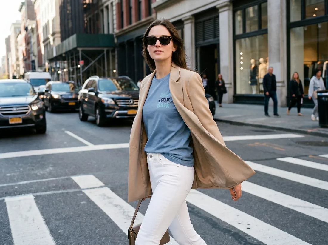T-shirt femme basique bleu en coton doux porté avec élégance, vision Misciano pour une allure chic au quotidien