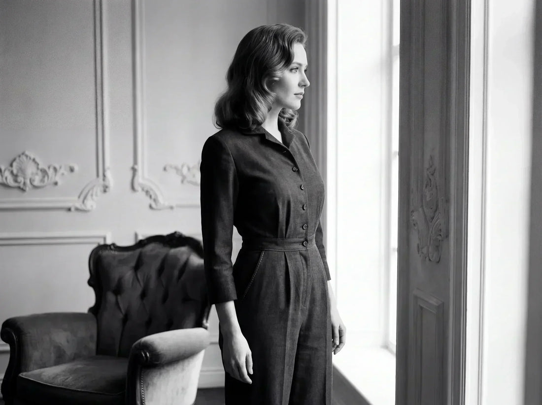 Femme élégante portant une combinaison historique, illustration de l’histoire de la mode féminine.