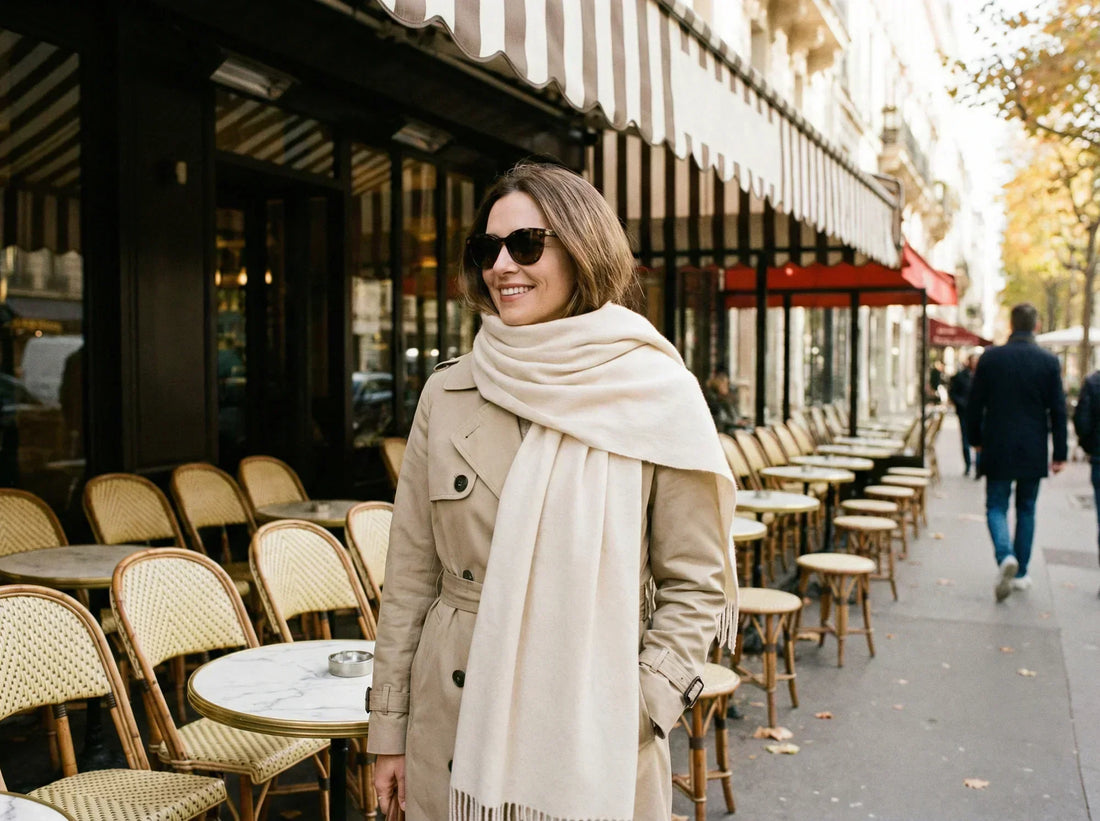 Foulard Misciano uni en cachemire crème pour accessoiriser une tenue élégante au quotidien