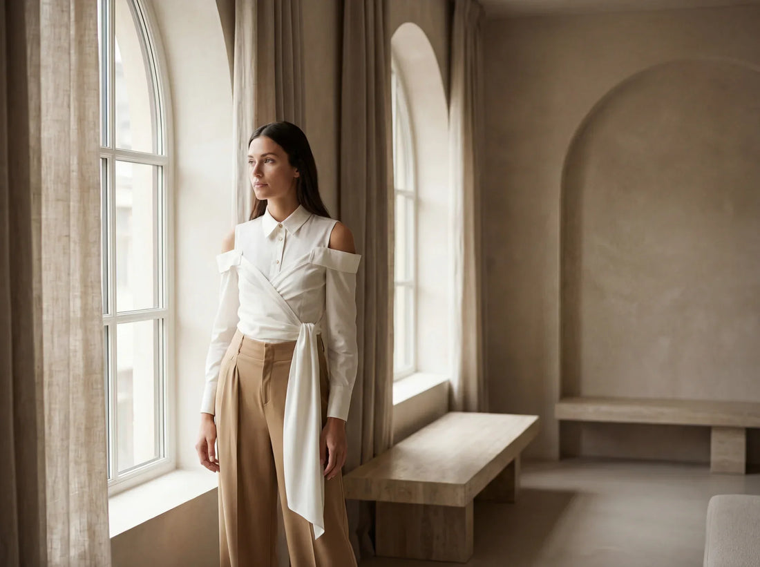 Chemise blanche femme asymétrique en coton doux pour un look raffiné, vision Misciano