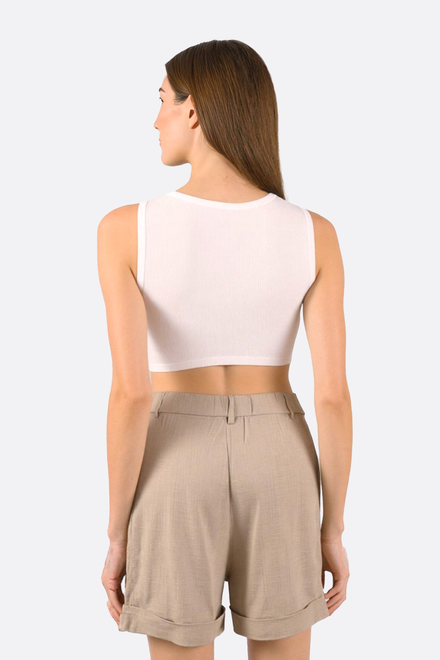 Short in lino beige a vita alta 