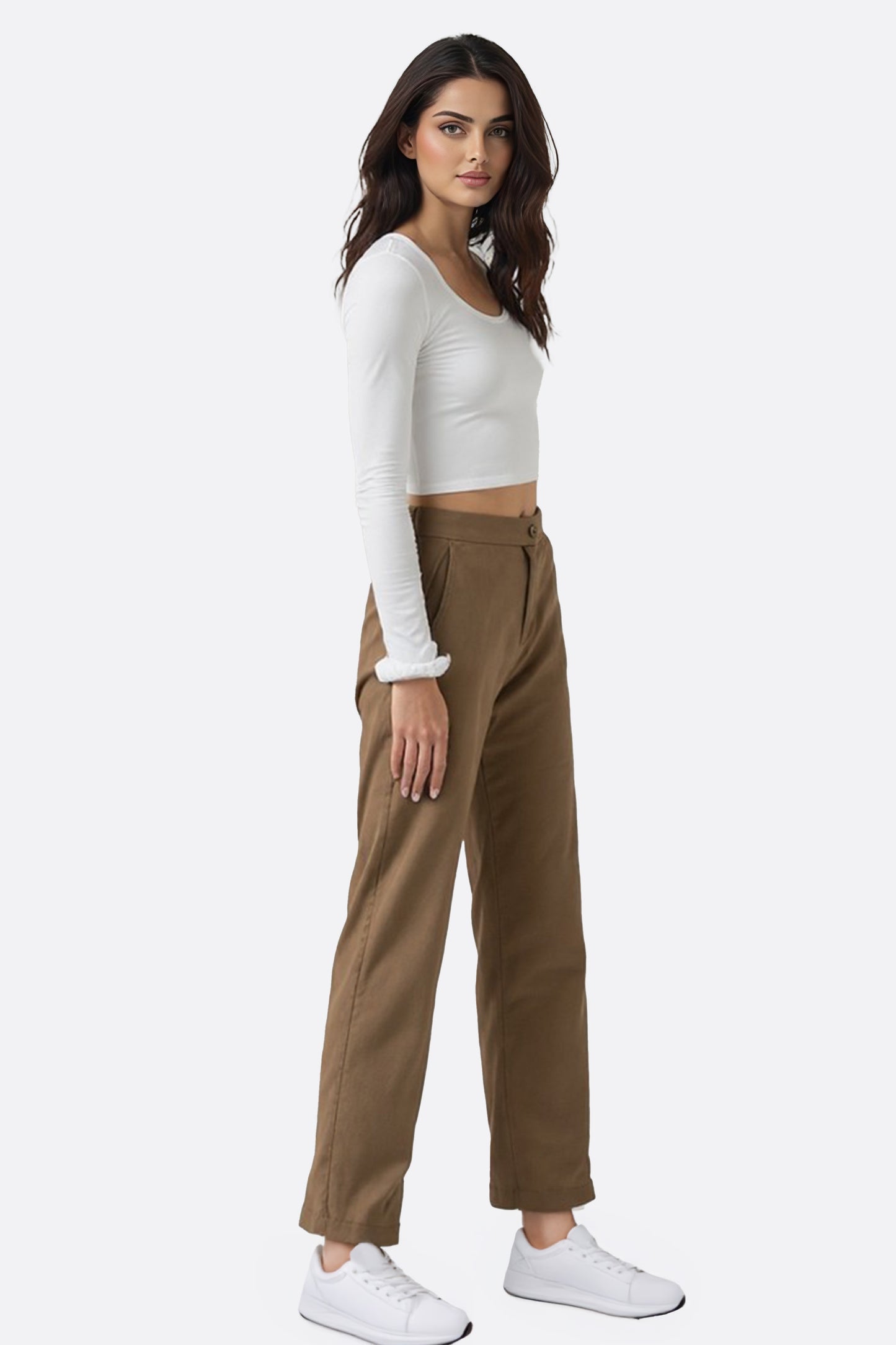 Pantaloni marroni a vita alta elastica 
