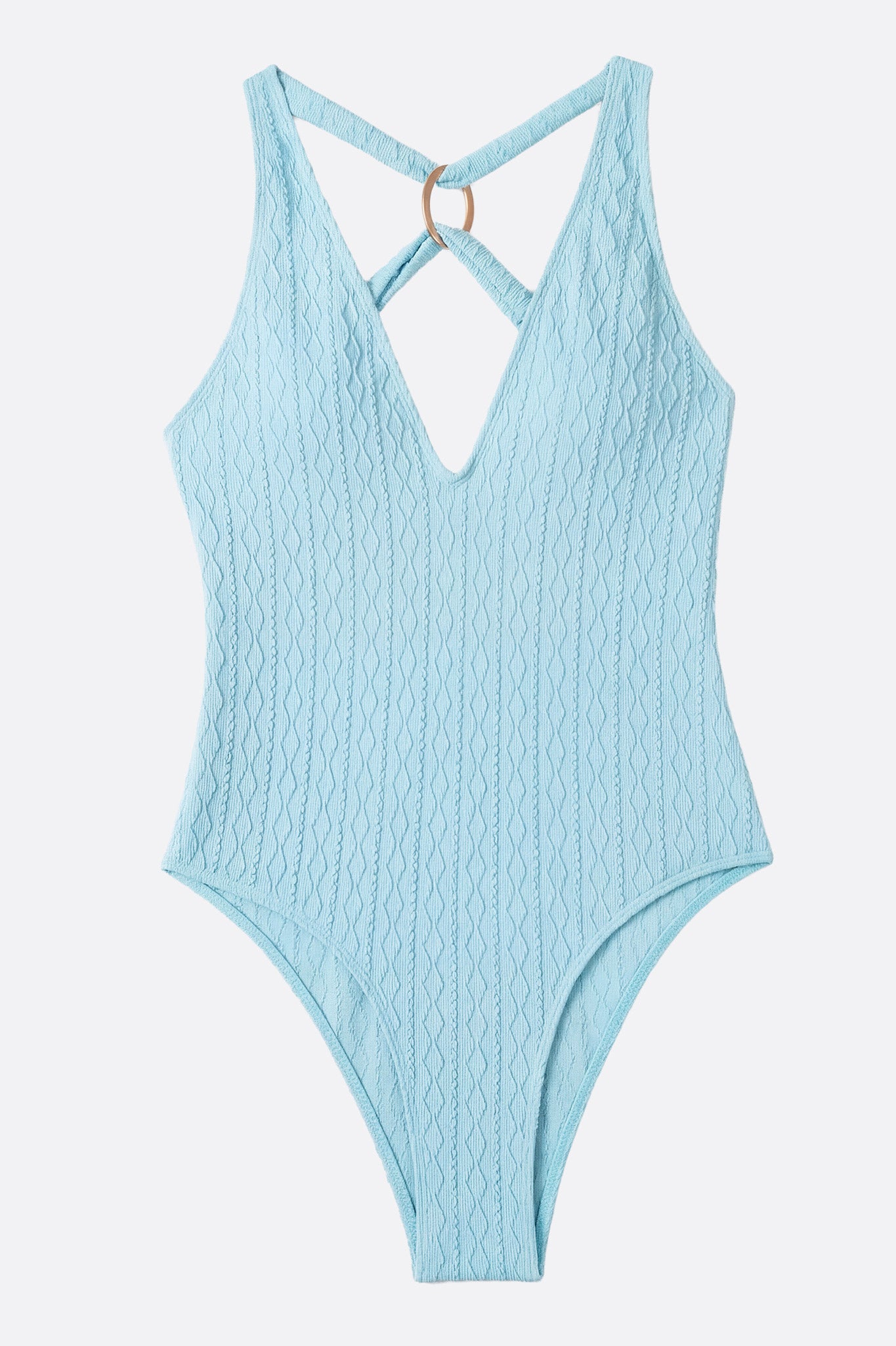 Costume da bagno intero blu turquoise con texture elegante, ideale per un look raffinato durante le vacanze estive.