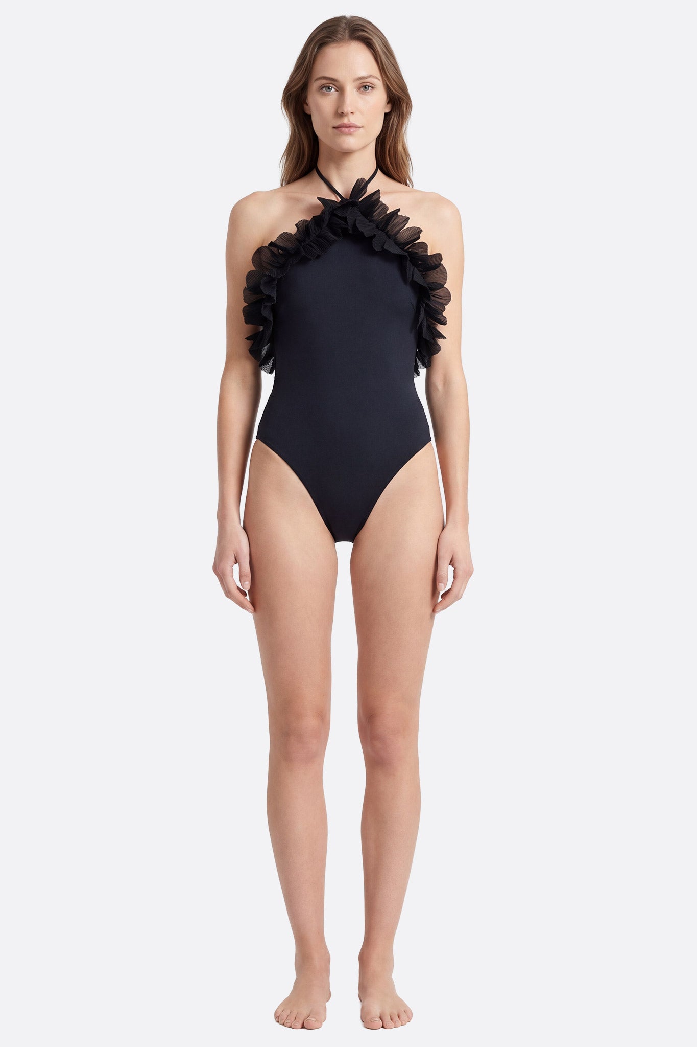 Klassischer einteiliger Badeanzug in tiefschwarz mit femininen Rüschen, ideal für elegante Strandtage und schmeichelhafte...