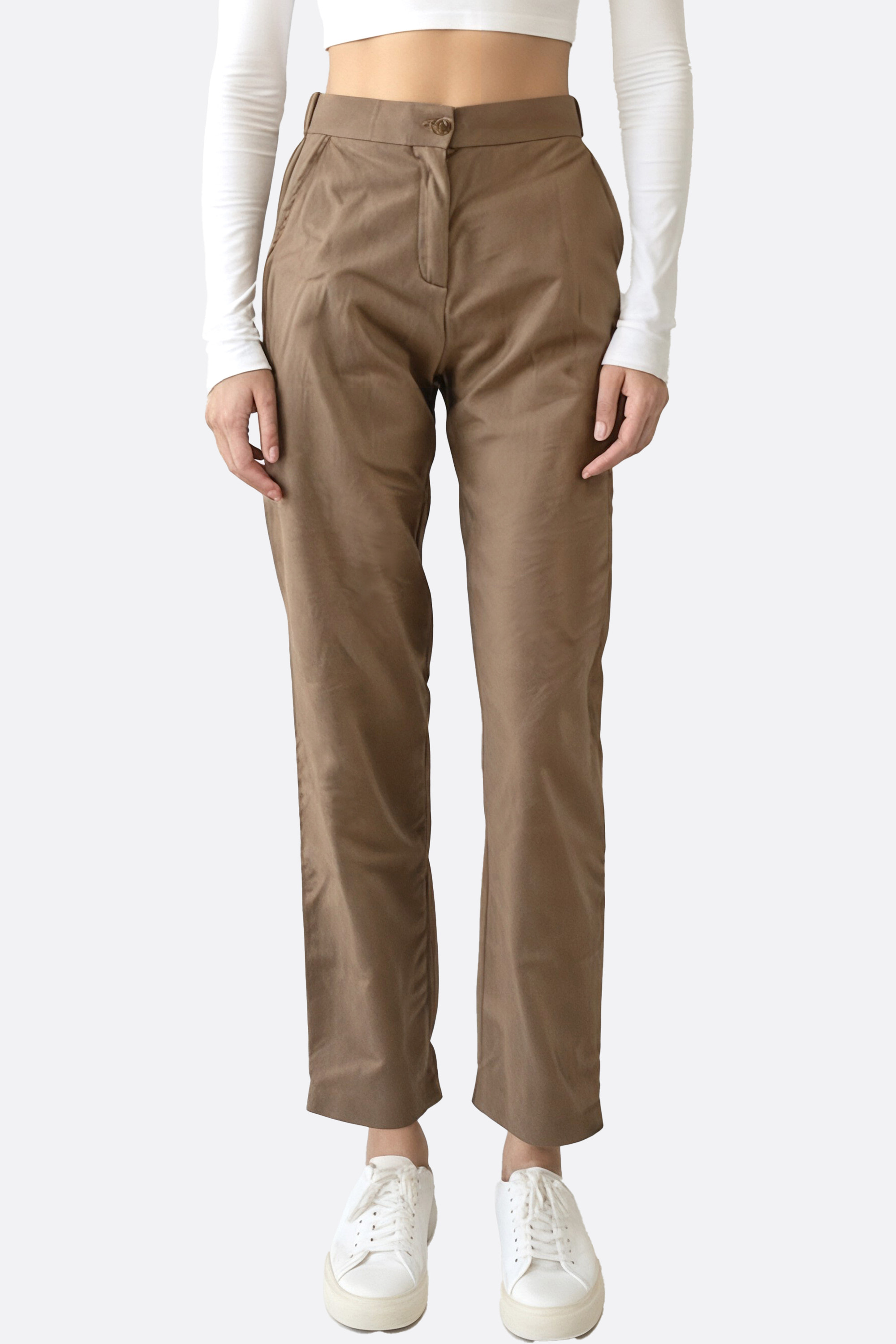 Pantalón marrón de cintura alta elástica 