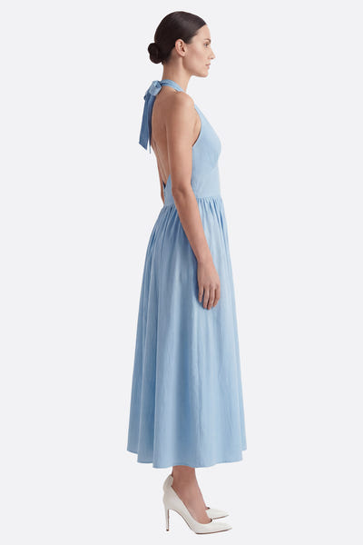 
Robe midi dos nu en coton bleue pastel à taille structurée



