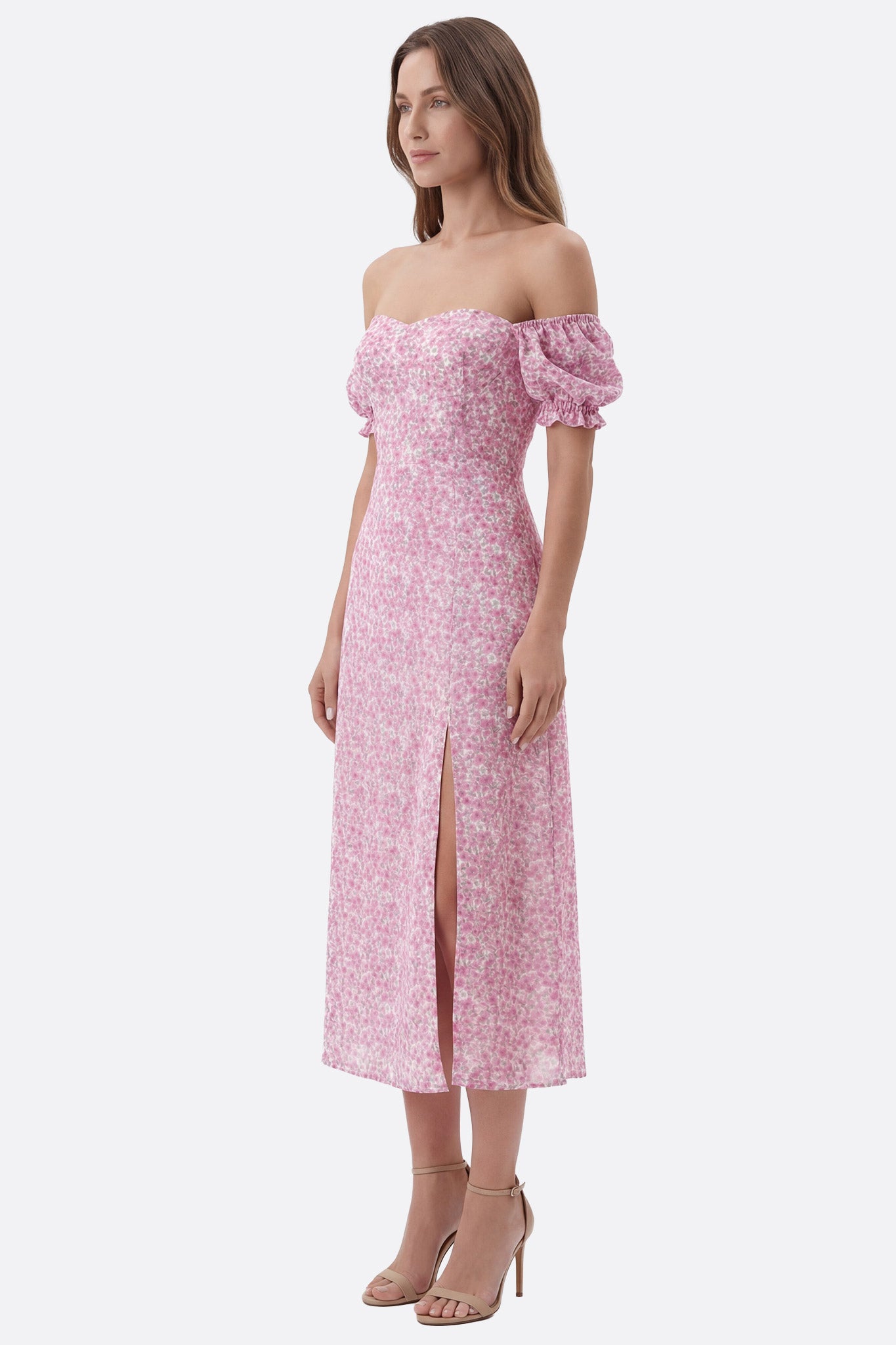 
Robe midi florale rose à manches bouffantes



