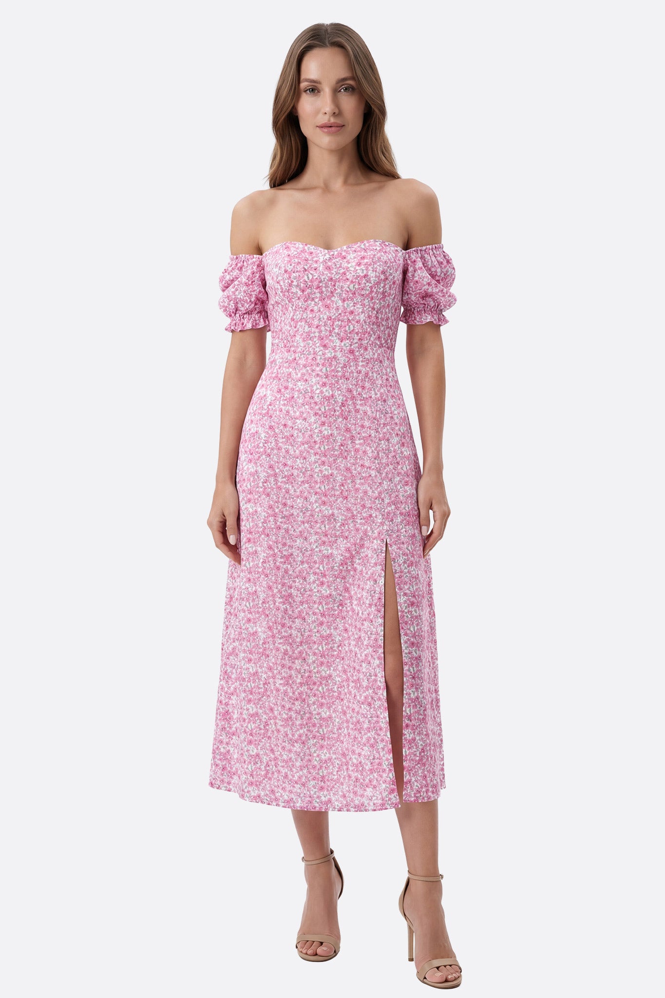 Robe midi florale rose à manches bouffantes