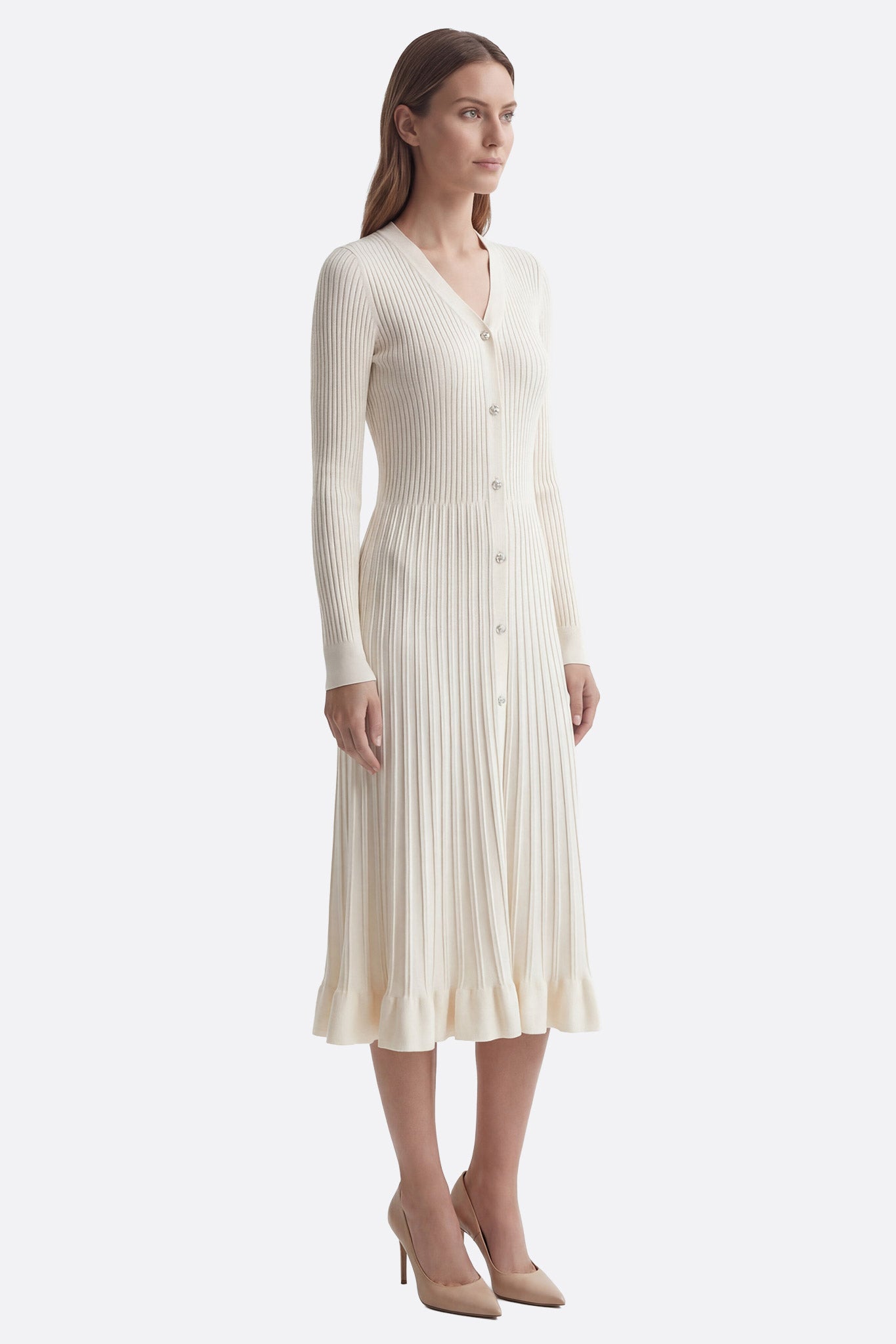 Ivory Ribbed Knit Midi Dress