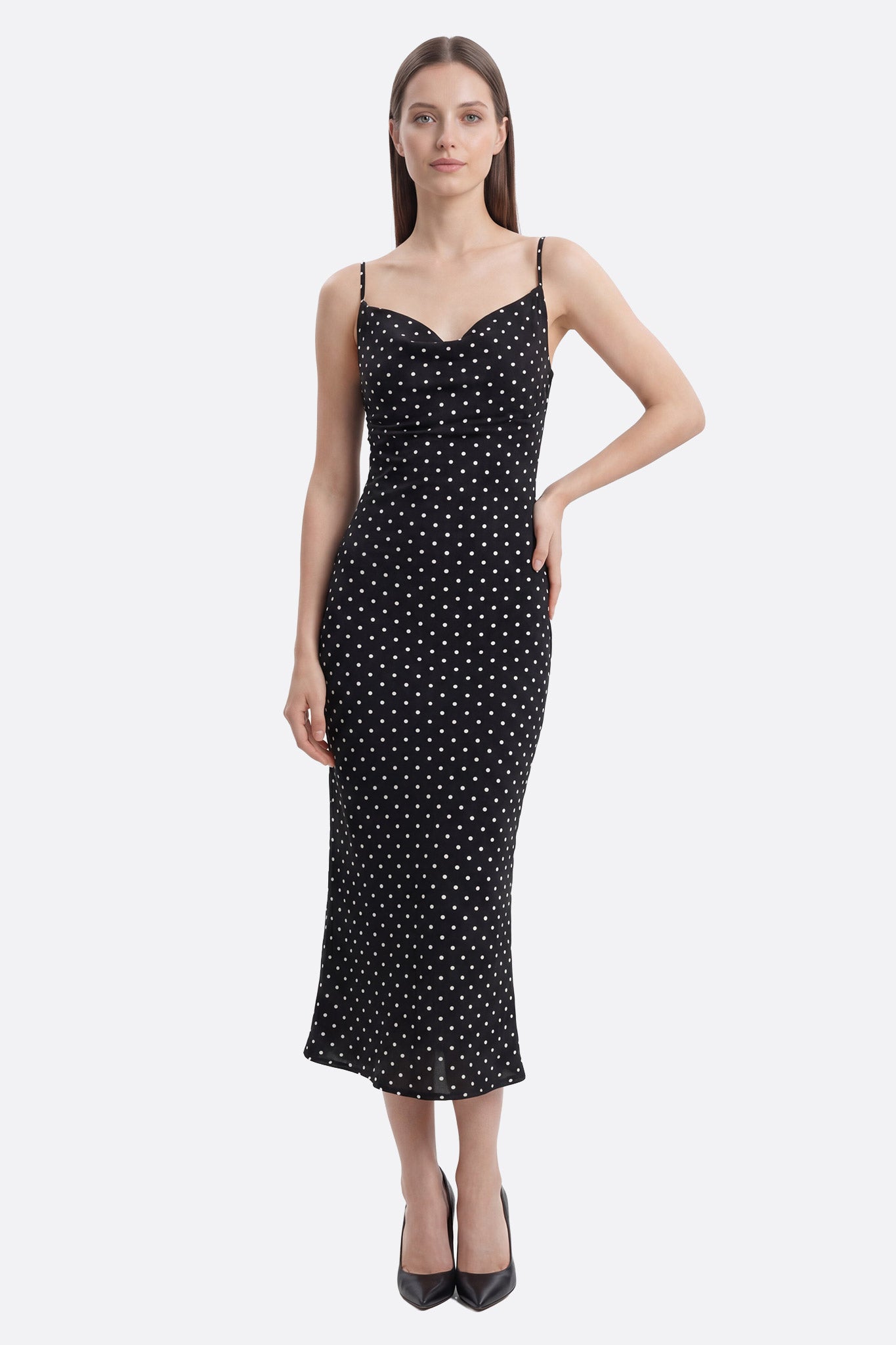 Robe midi noire à pois et bande amovible