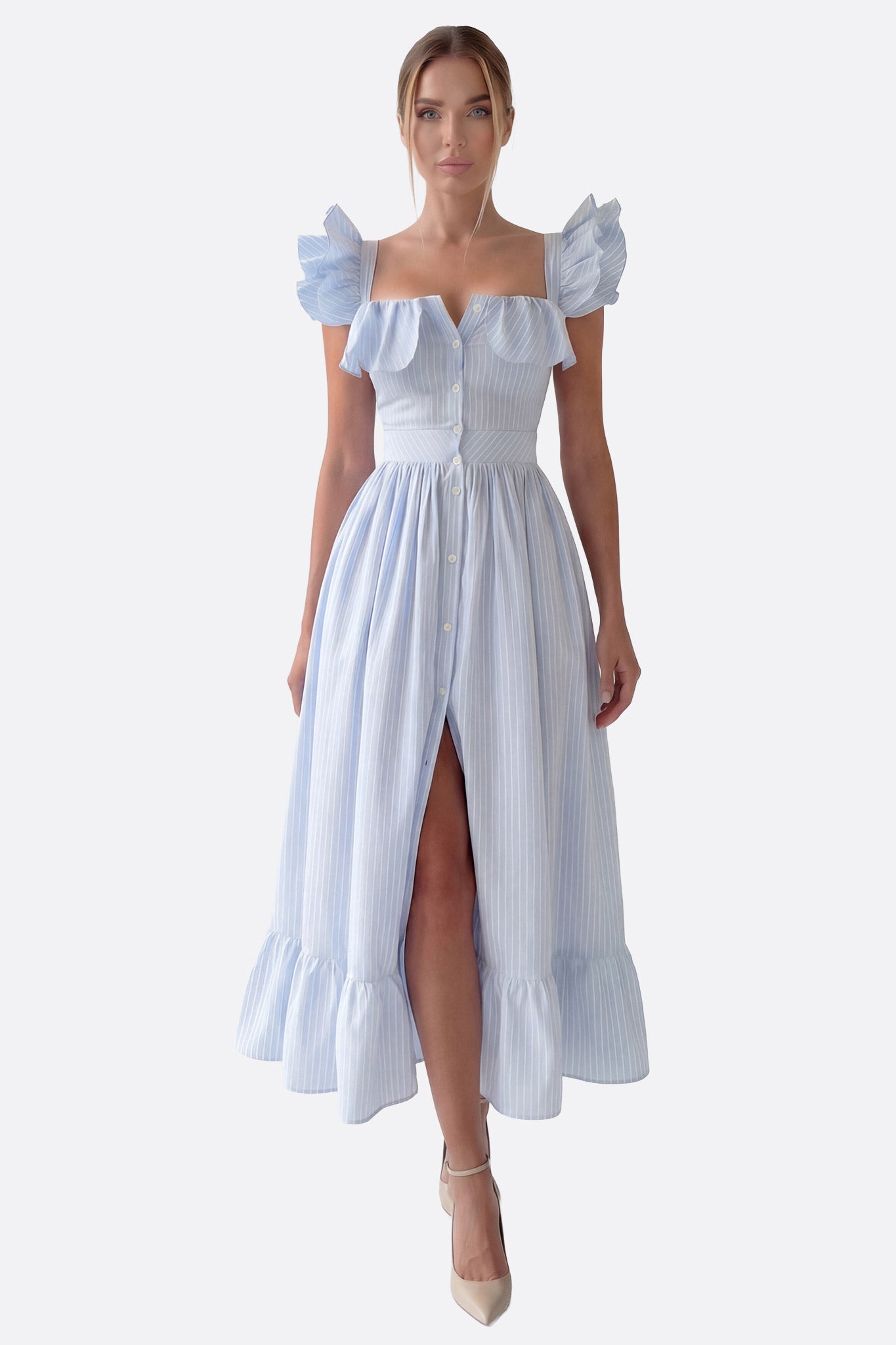 Robe midi rayée bleue à volants et boutonnage central