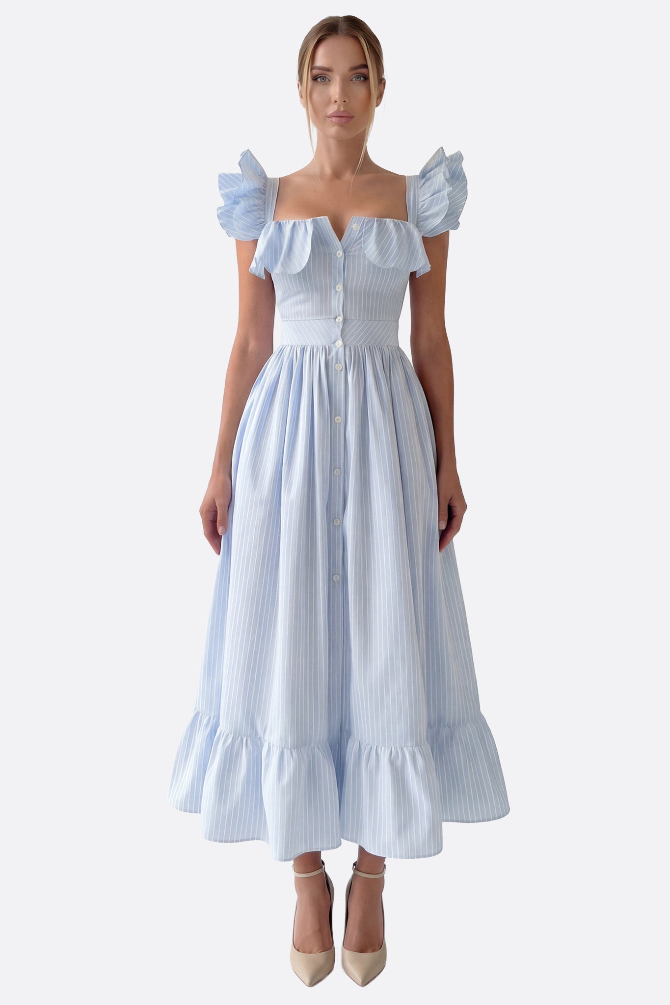 
Robe midi rayée bleue à volants et boutonnage central



