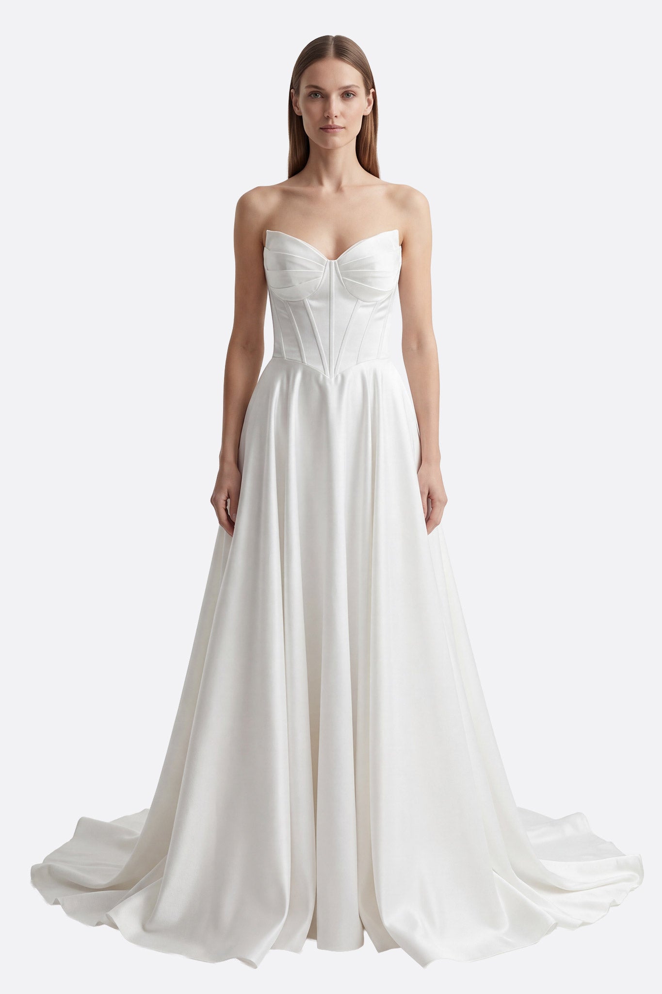 
Long white strapless wedding dress with corset and laced back



