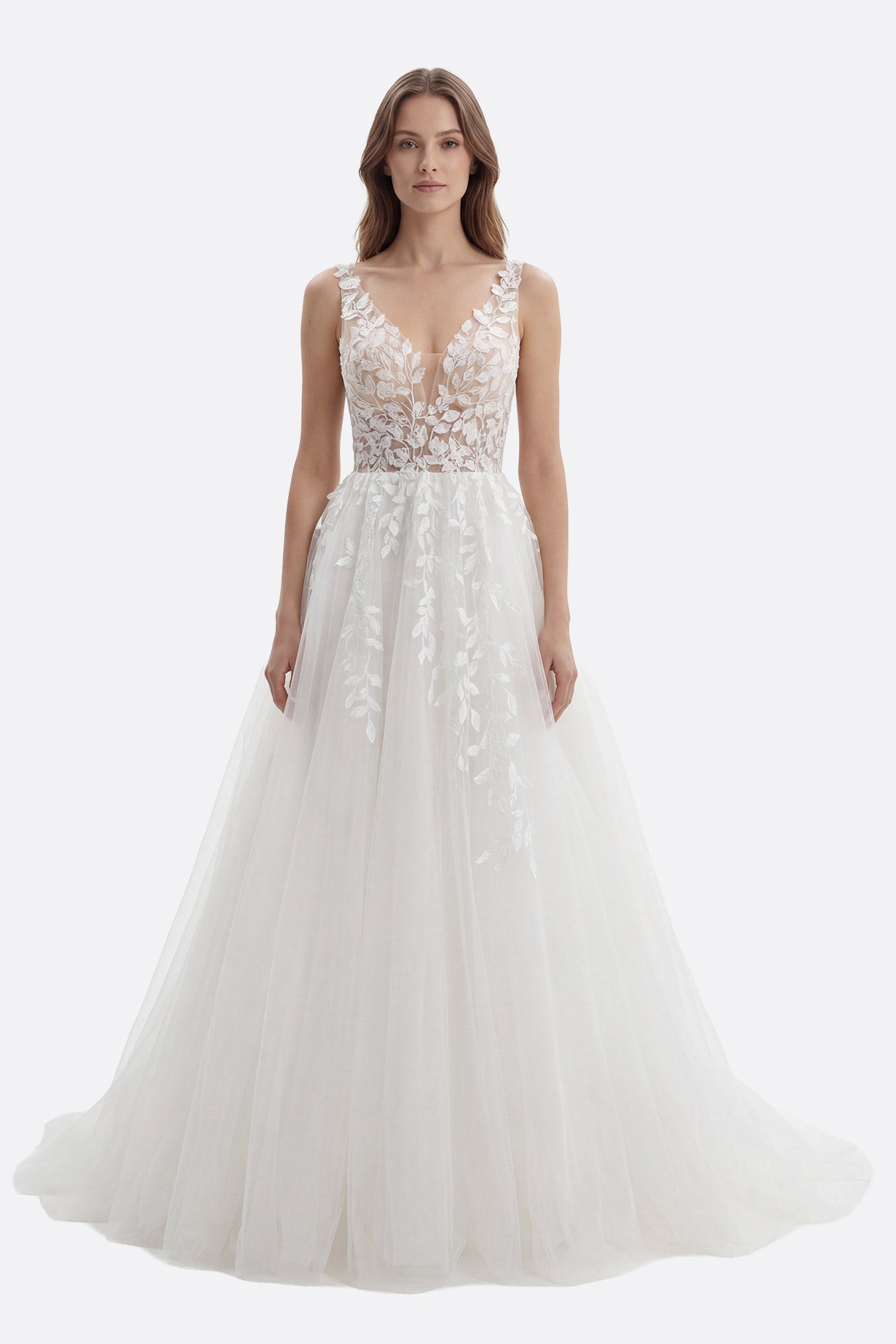 Romantic long tulle wedding dress featuring a V-neck and delicate floral lace detailing.