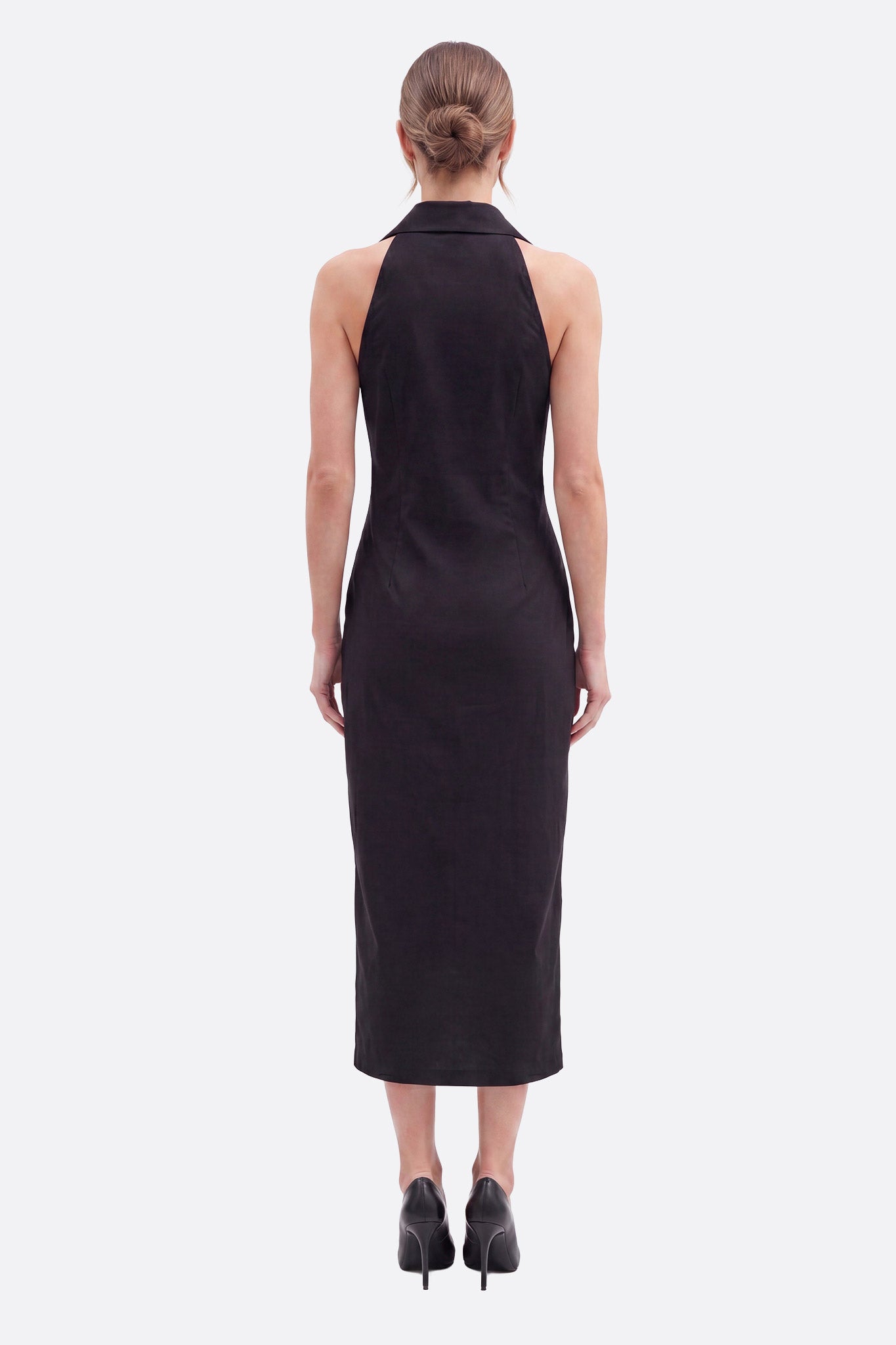 Robe midi negra con cuello de camisa