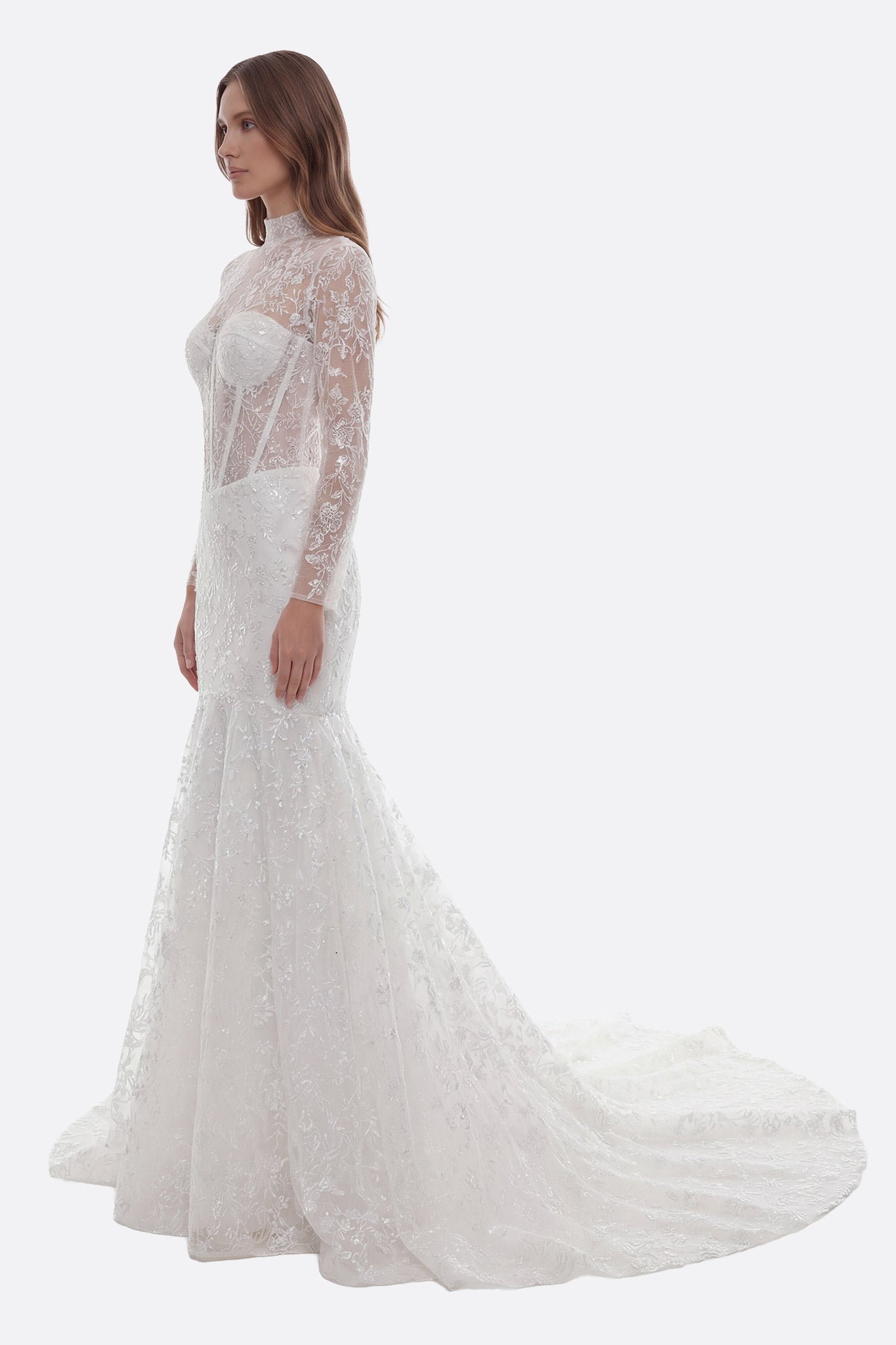 Exquisite lace mermaid wedding gown featuring long sleeves and a beautifully embroidered train for a stunning bridal look.