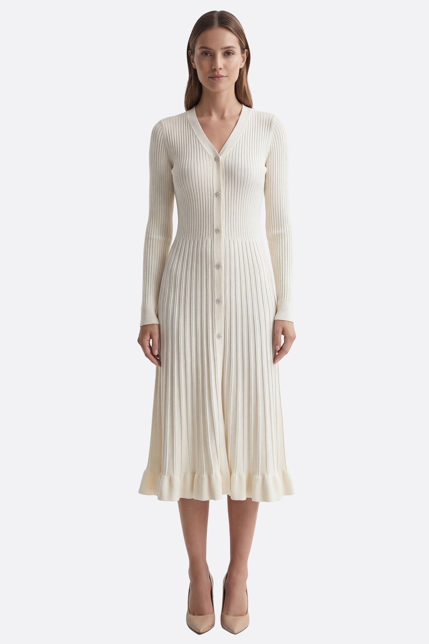 Ivory Ribbed Knit Midi Dress
