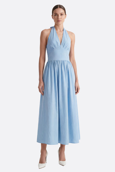 
Robe midi dos nu en coton bleue pastel à taille structurée



