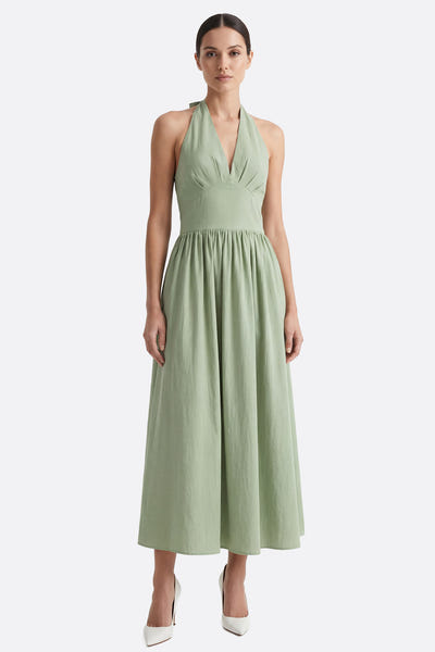 
Robe midi dos nu en coton vert à taille structurée



