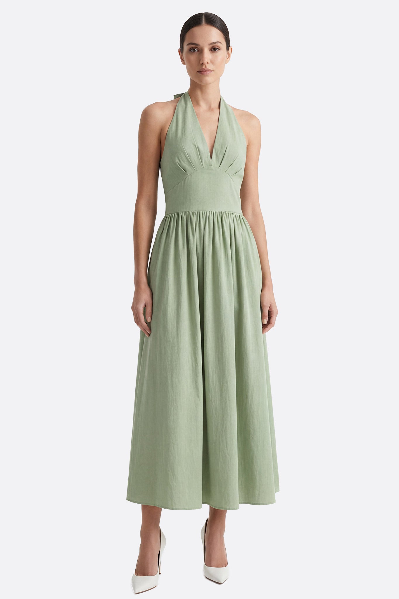 Robe midi dos nu en coton vert à taille structurée